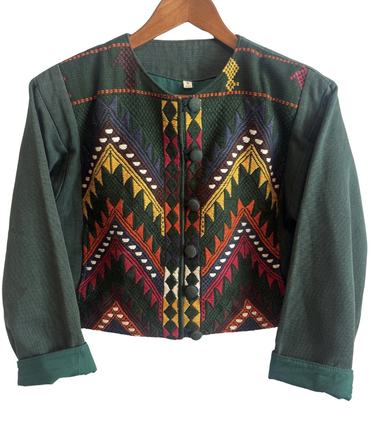 Vintage Guatemalan Cropped & Boxy Embroidered Cotton Jacket Boho Folk Small