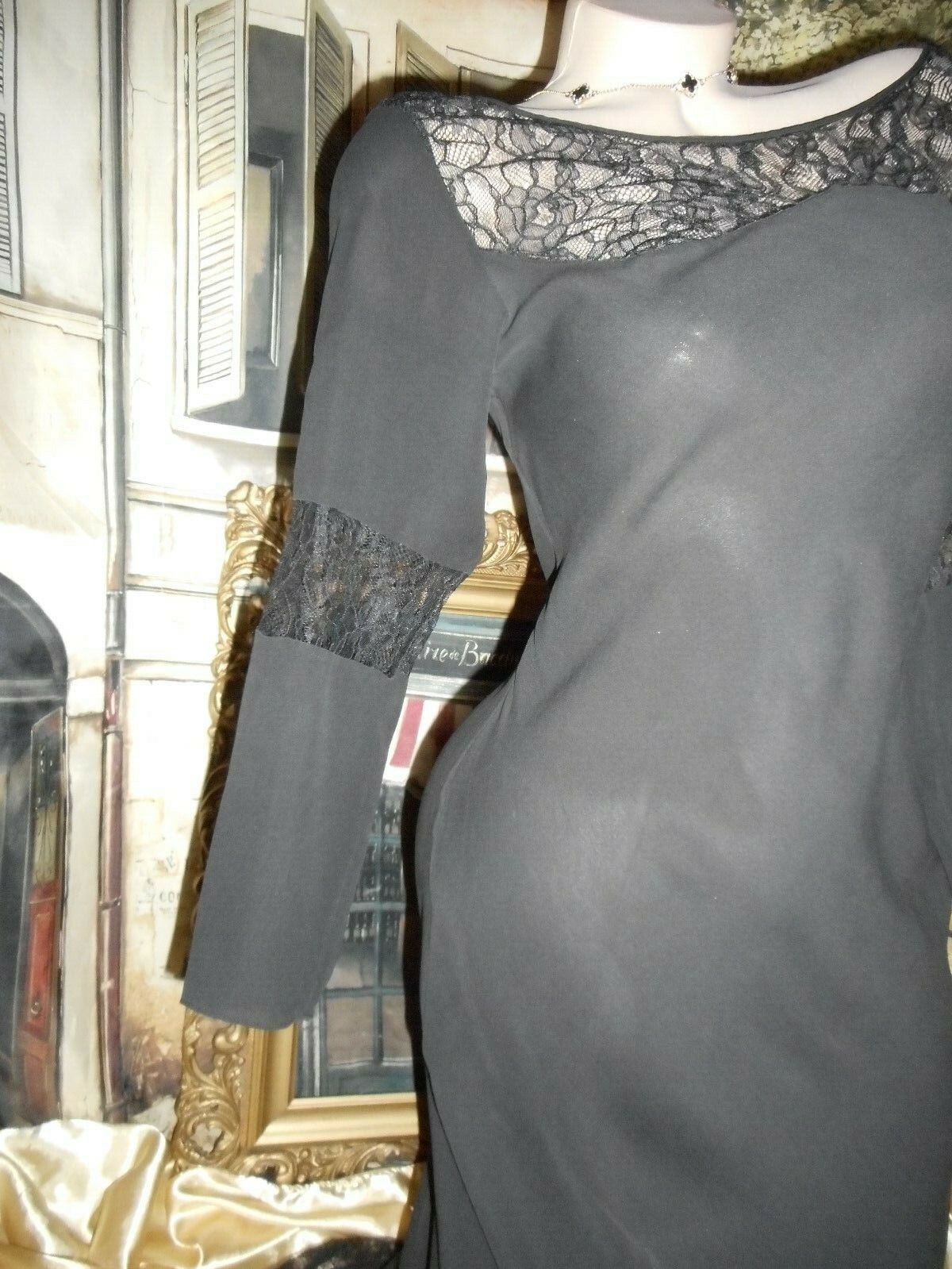 S P Victoria’s Secret Silk Gown Dress Long Black Chiffon Lace BackTrain 3/4 Slv