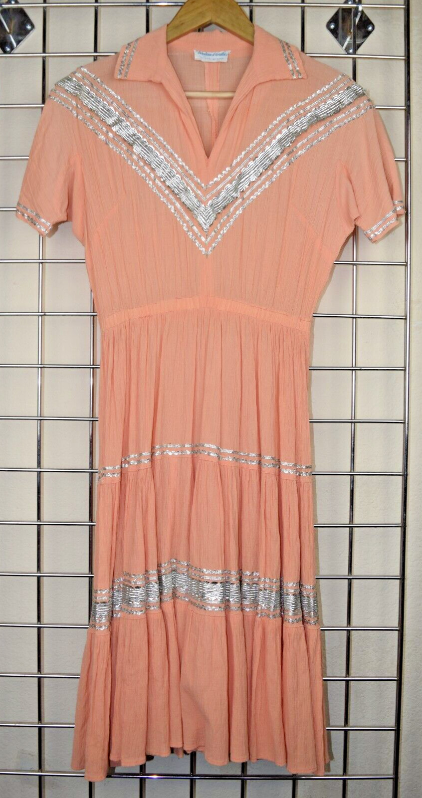 Vintage Patio Fiesta Dress Size S/M 50s Western Dandees Apricot Silver Detail