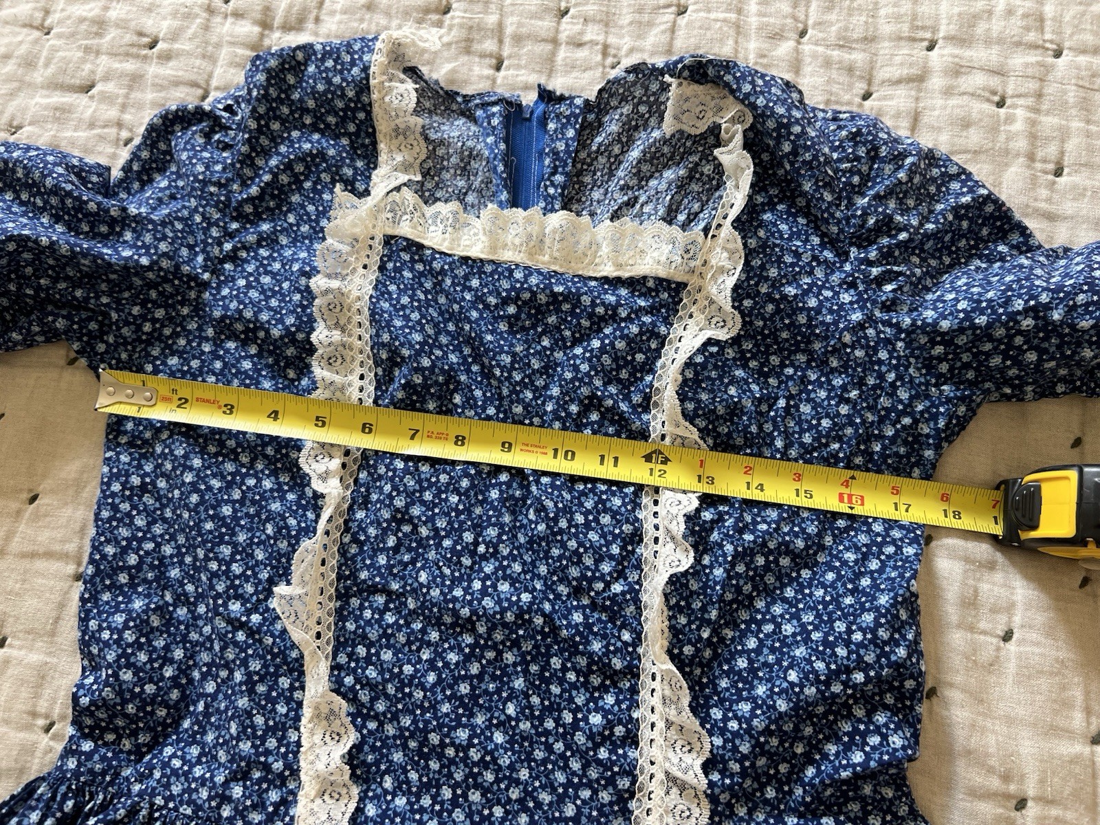 VTG Blue Floral/Lace Cotton Prairie Cottage Dress Size L Maxi Dress, 57” Long