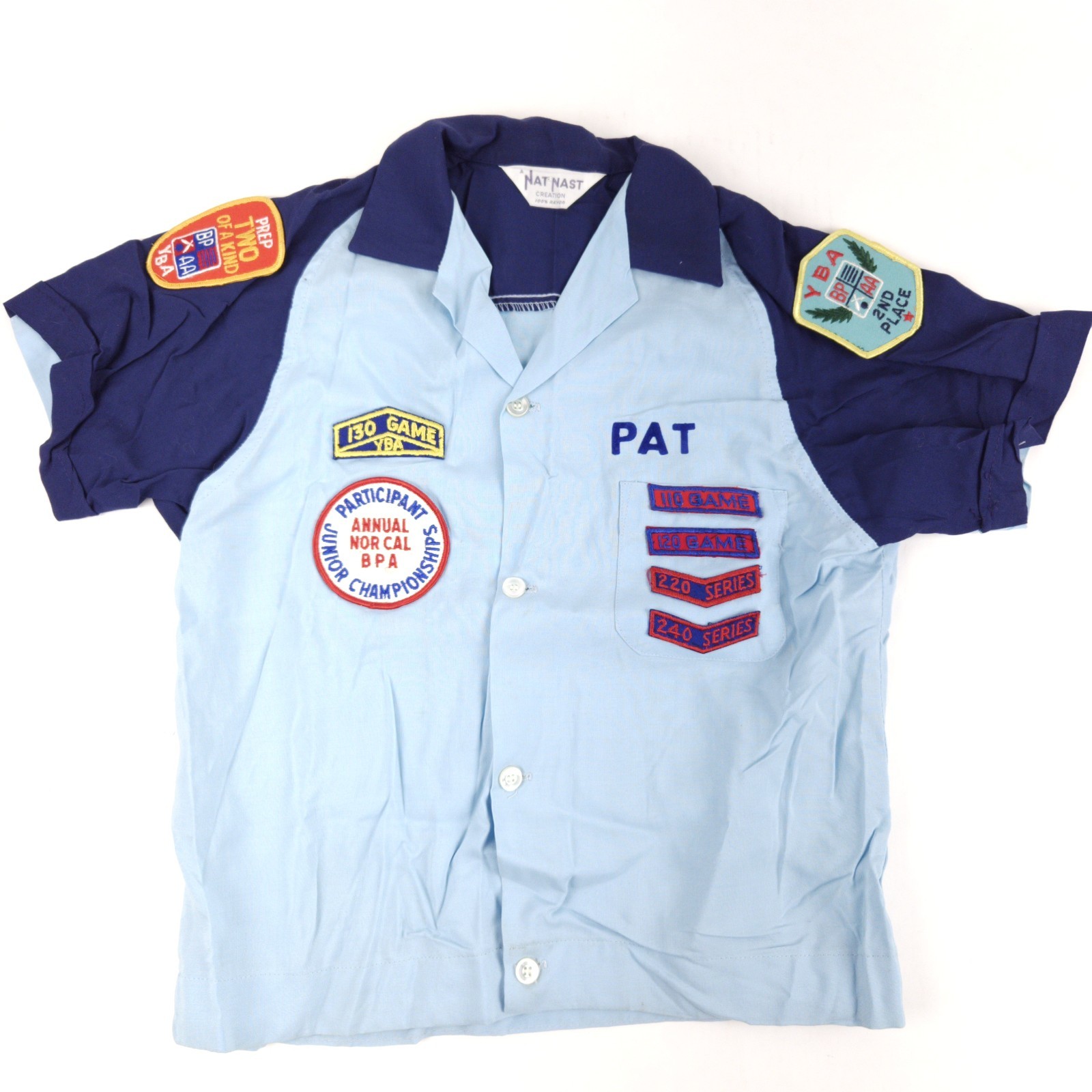 Vintage 1960s Nat Nast Rayon Bowling Shirt Childs Size Patches Blue