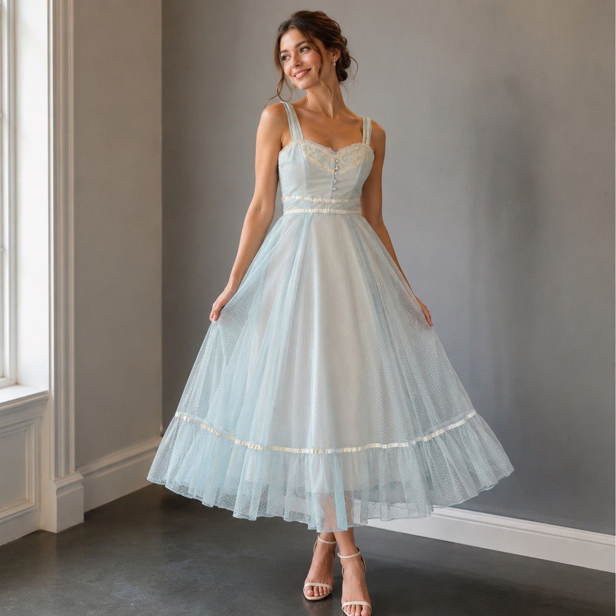 VTG Gunne Sax Baby Blue Dotted Swiss Lace Maxi Dress Prairie Gown Size 5 Pearl