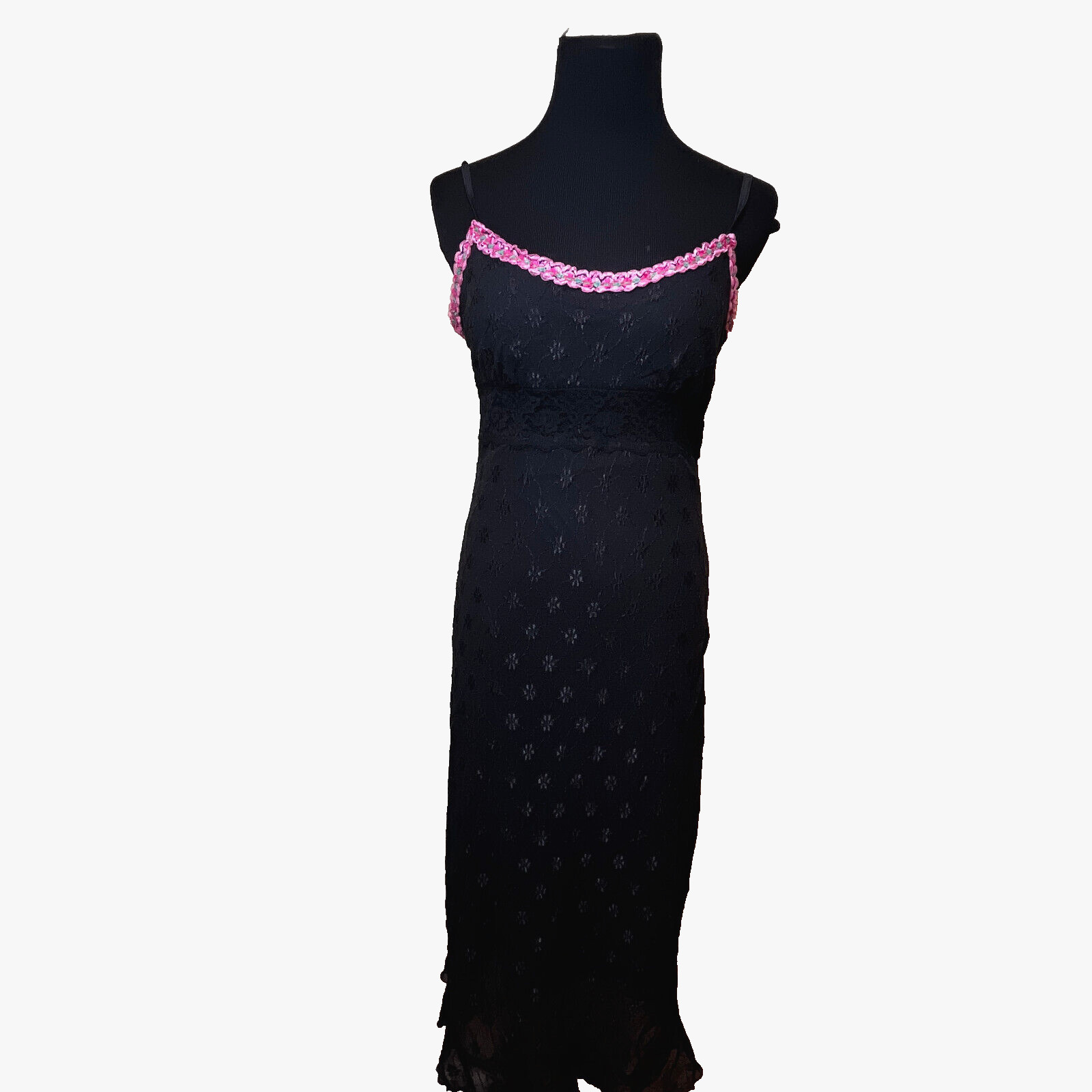 2000 Betsey Johnson Rosette Swiss Dot Daisy Dress Y2K Slipdress Gothic Grunge