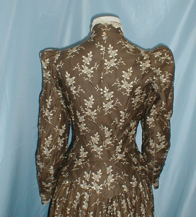 Charming Antique Dress Victorian 1880 Bustle Back Brown Cotton Print