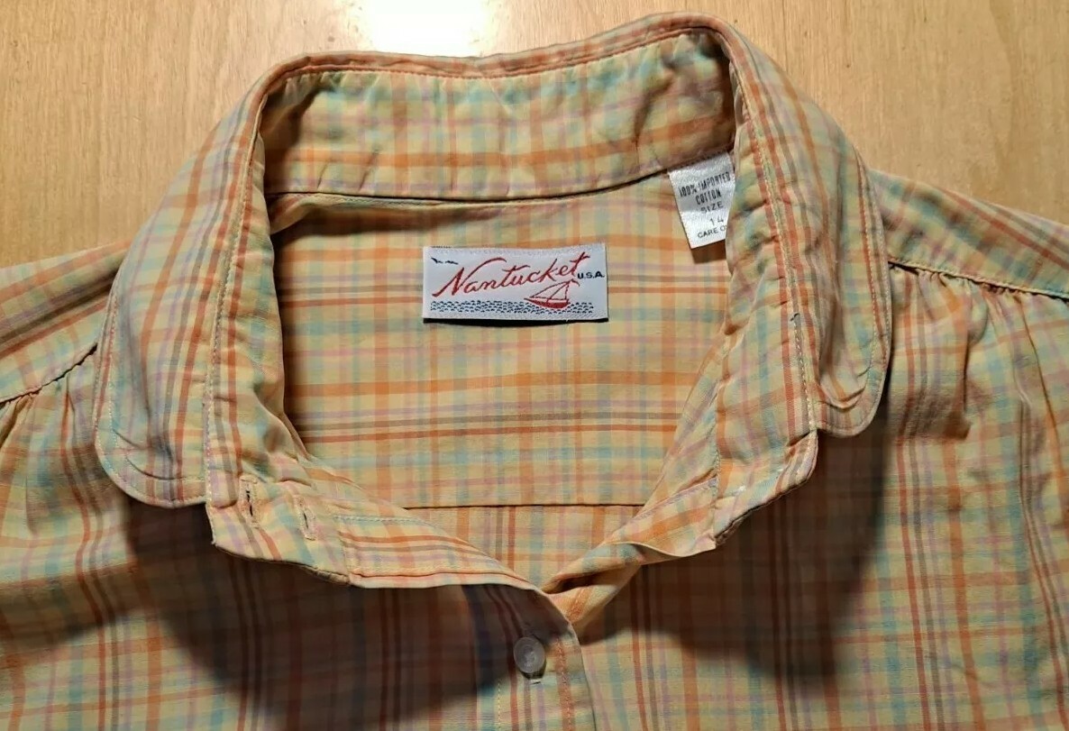 Vtg 60s-70s NANTUCKET USA Preppy Yellow Plaid Cotton Button-Up Blouse sz 14