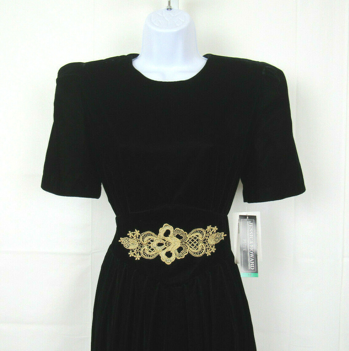 NWT VTG 1980s JESSICA HOWARD PETITE BLACK VELVET DRESS SIZE 10 EMBROIDERY TRIM