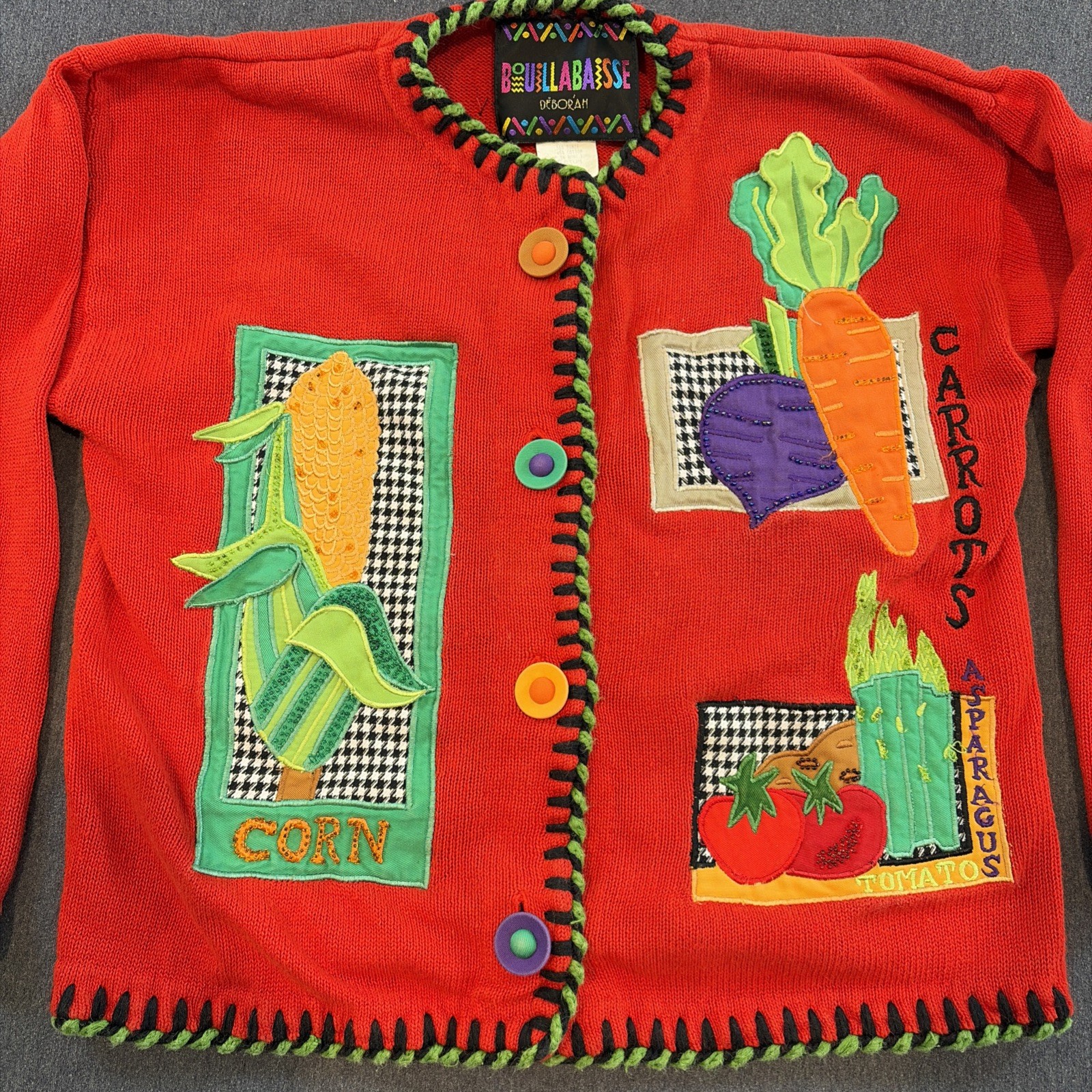 Vintage Cardigan Knit Fabric Medium Bouillabaisse Deborah 3D Corn,carrot,tomato