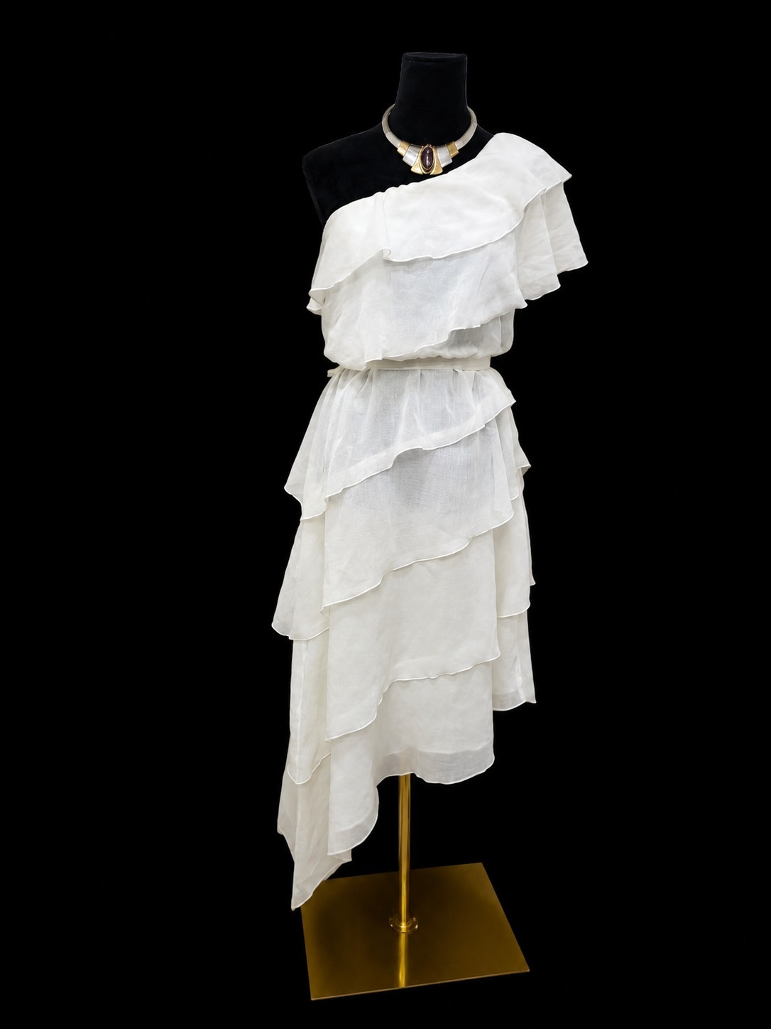 VTG 80s White Gauze One Shoulder Tiered Ruffle Asymmetrical Wedding Midi Dress