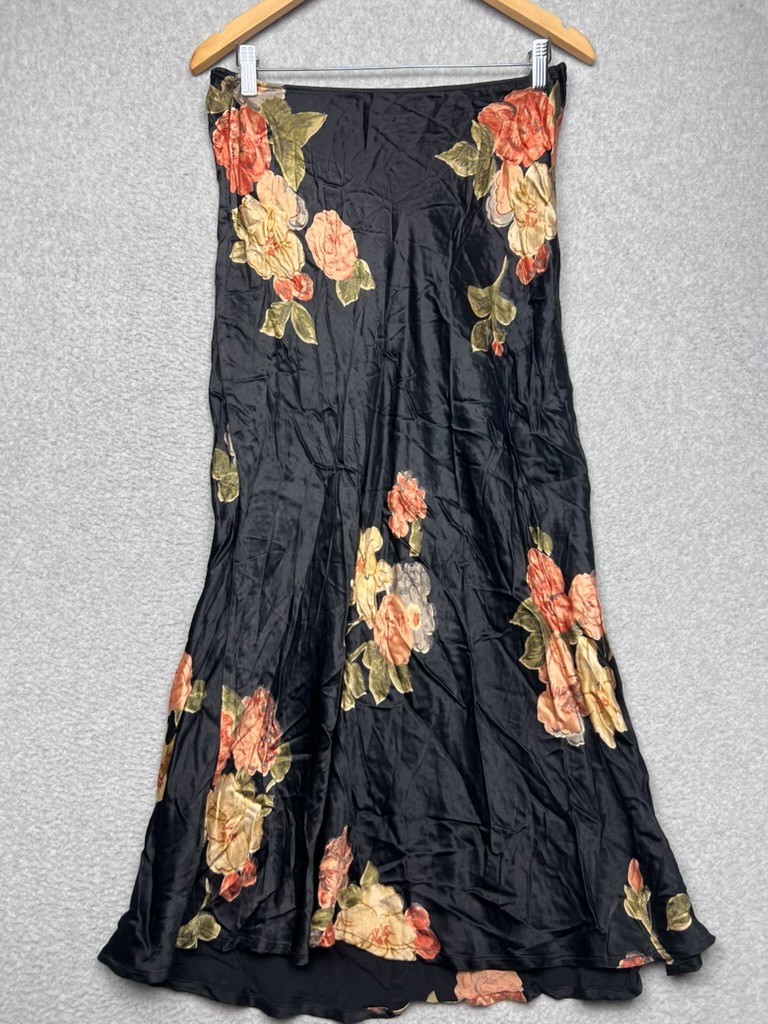 VTG Nic Love Satin Maxi Skirt Bias Cut S Black Orange Floral Whimsigoth Gothic