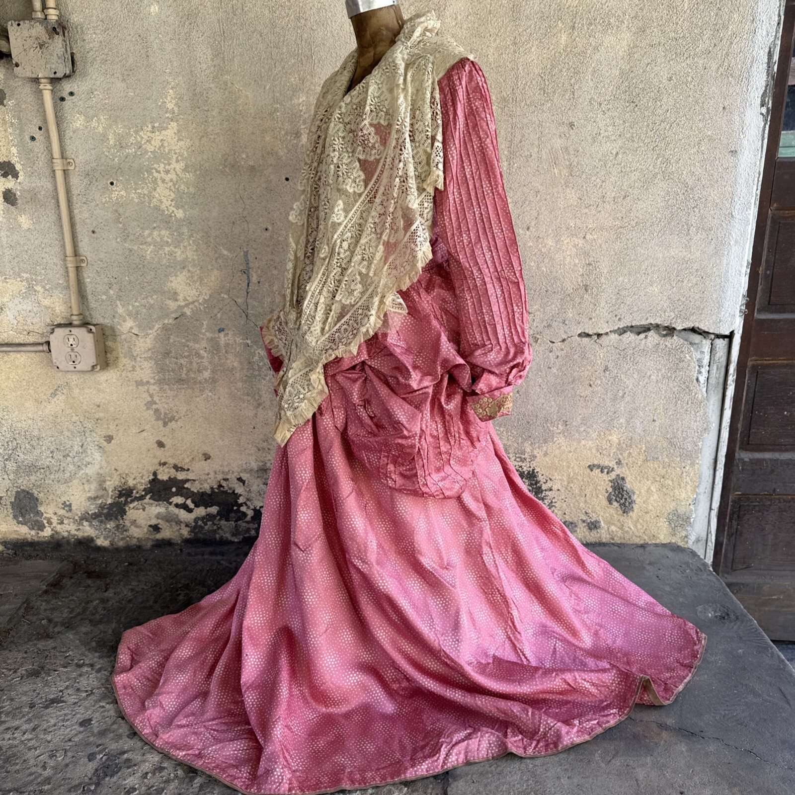 Antique Victorian Pink Silk Dot Print Dress Side Bustle Gown Lace 1880s Vintage