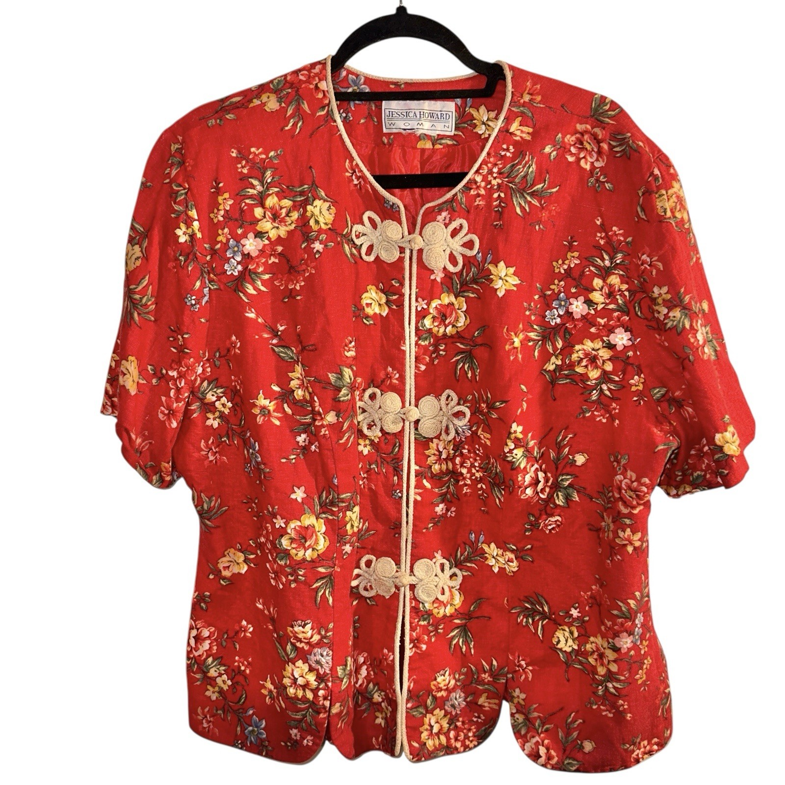 Jessica Howard Woman Vtg Top Red Floral Frog Toggle Closures Size 1X