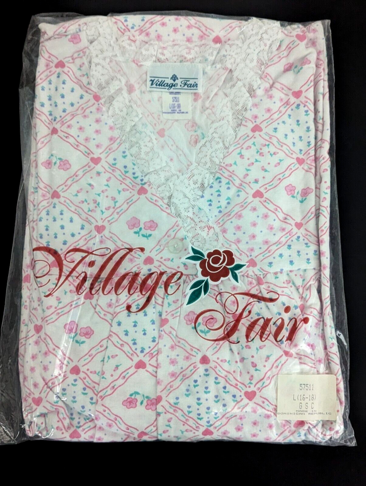 Vintage Village Fair Flannel Nightgown Womans L(16-18) Lace Hearts Flowers NOS