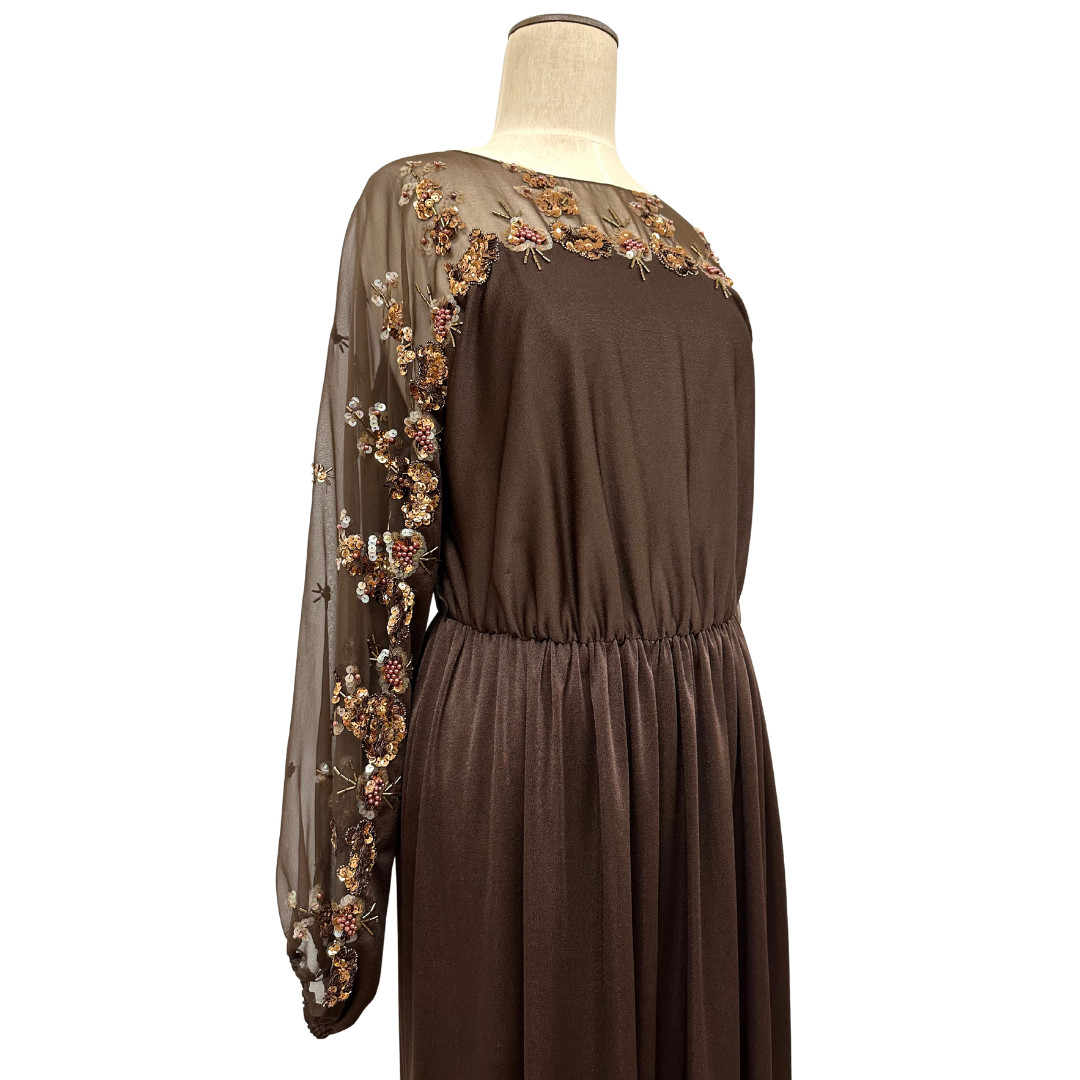 Vintage 1970s Jack Bryan Brown Floral Sequin Sheer Sleeve Gown
