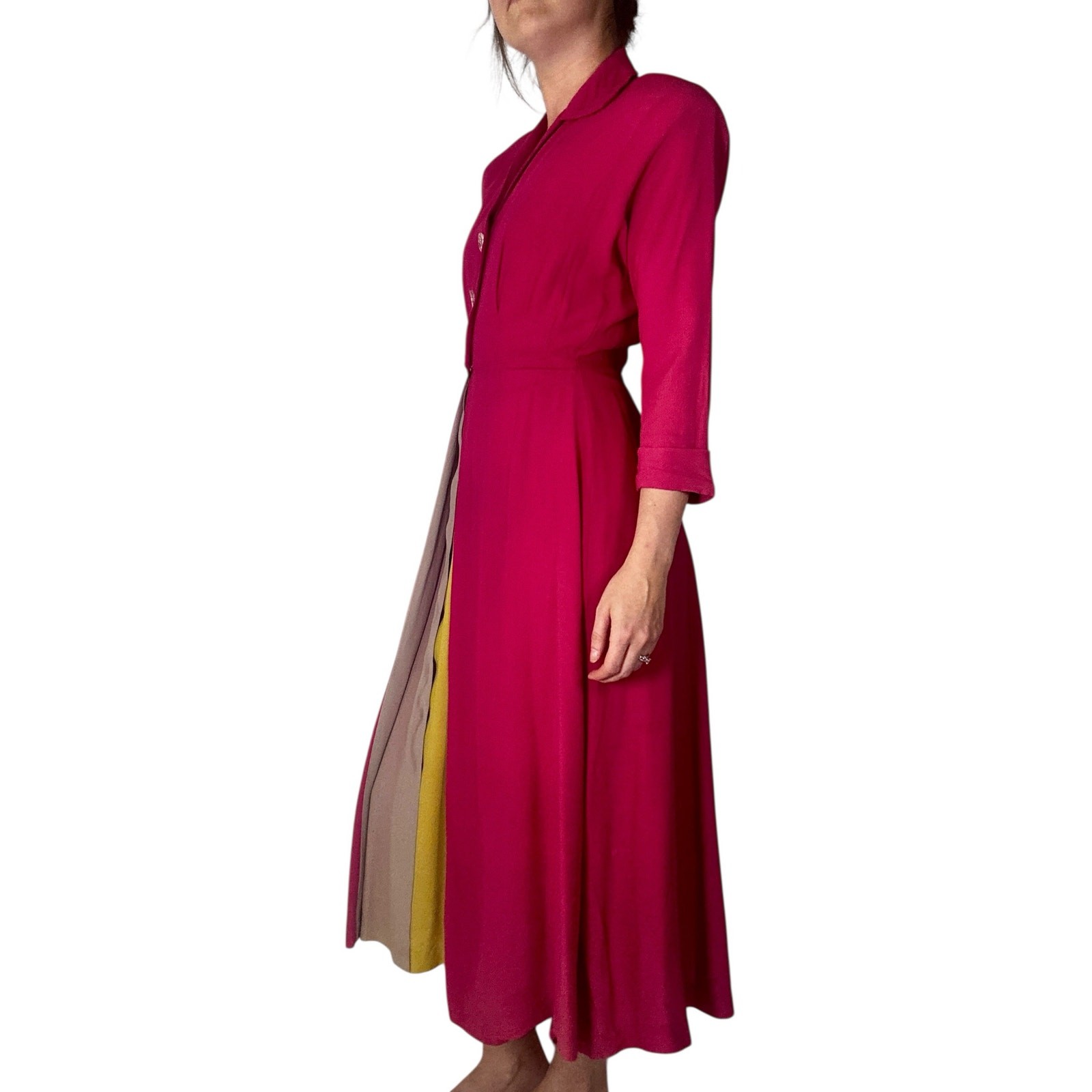 Vintage 1940s Saybury Magenta Dress & Slip Set Rare Colorblock Peek-a-Boo Pleats