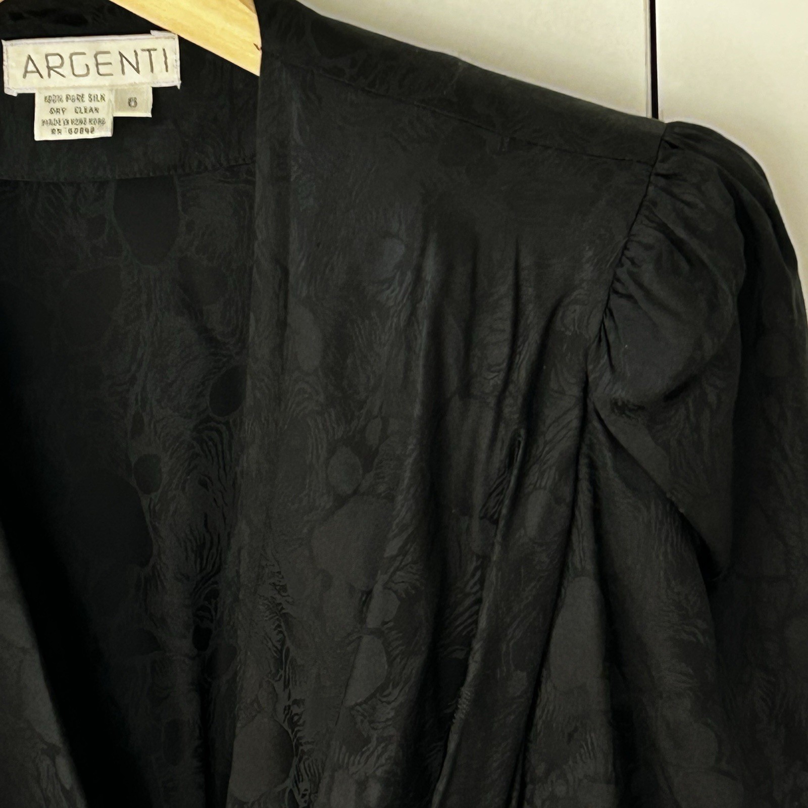 Vintage Argenti Dreaped Silk Wrap Dress Size 6 Floral Black Midi Shoulder Pads