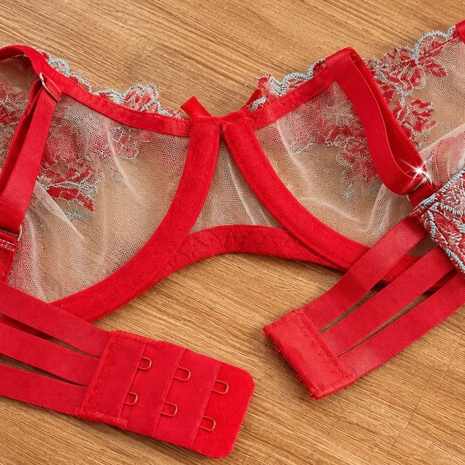 Red Floral Embroidered Lingerie Set Women’s Bra & Thong Sheer Lace L