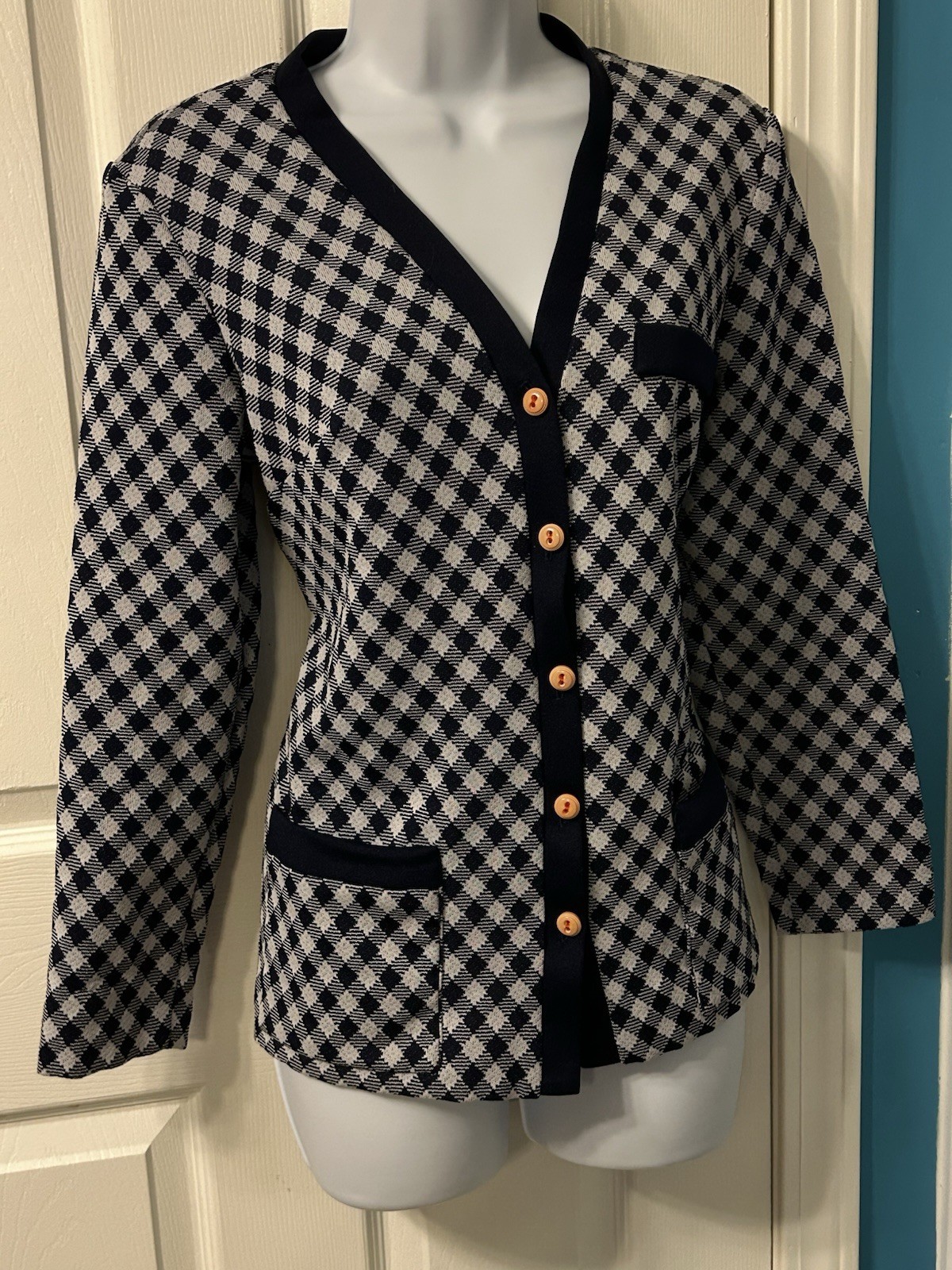 Vintage 60s MOD Bleeker Street Blue White Checkered Blazer Cardigan Retro Chic