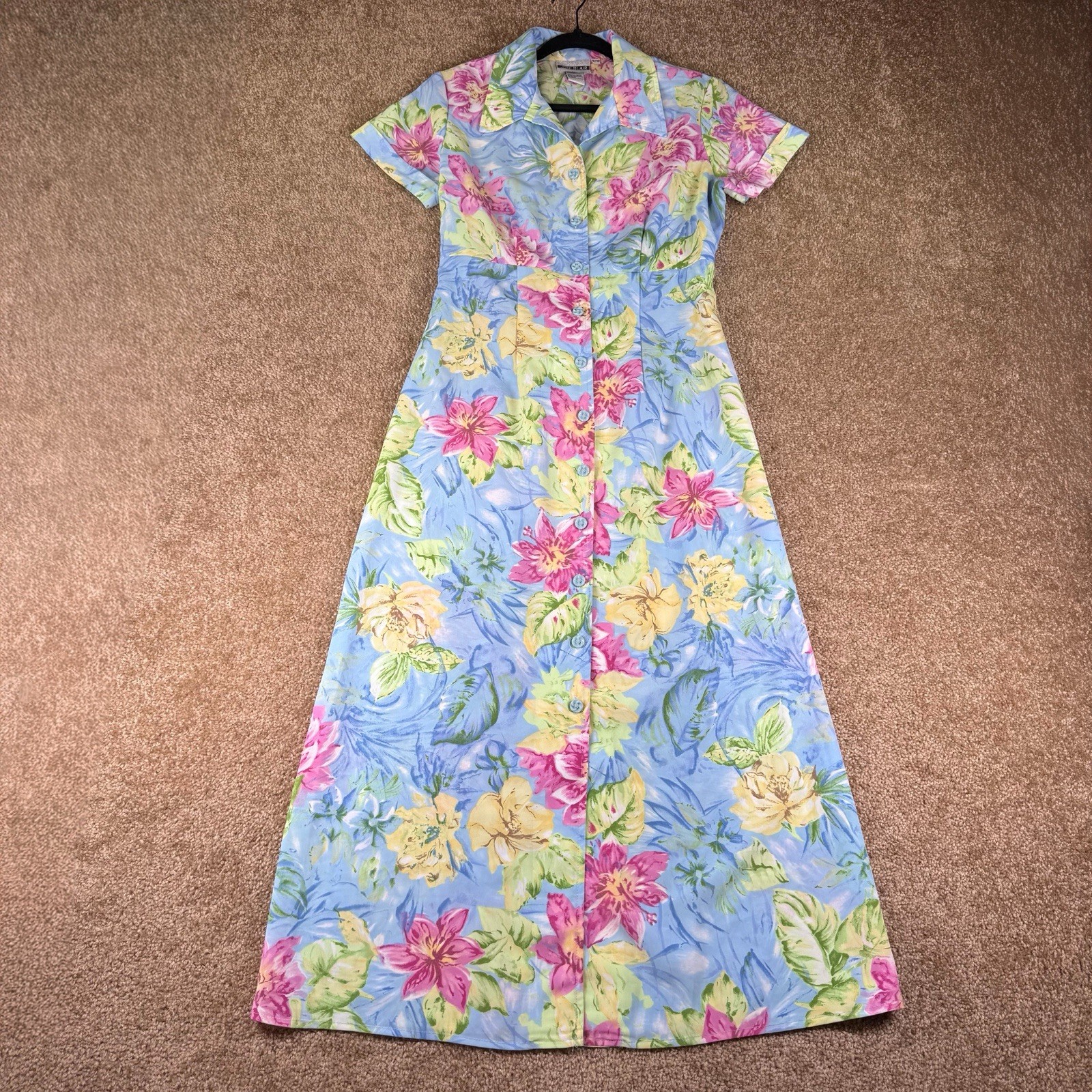 Vintage Joni Blair Blue Floral Button Up Dress Size 9/10