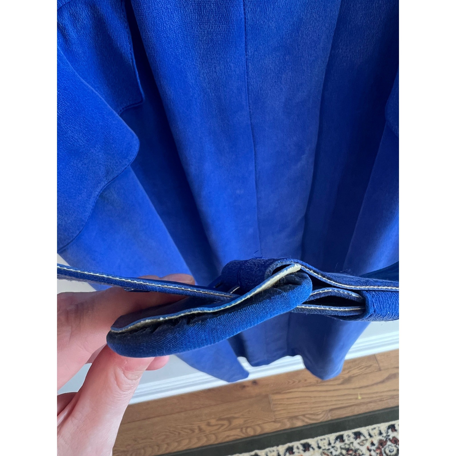 Vintage Maggy London 100% Silk Midi Dress Women 14 Royal Blue Belted Long Sleeve