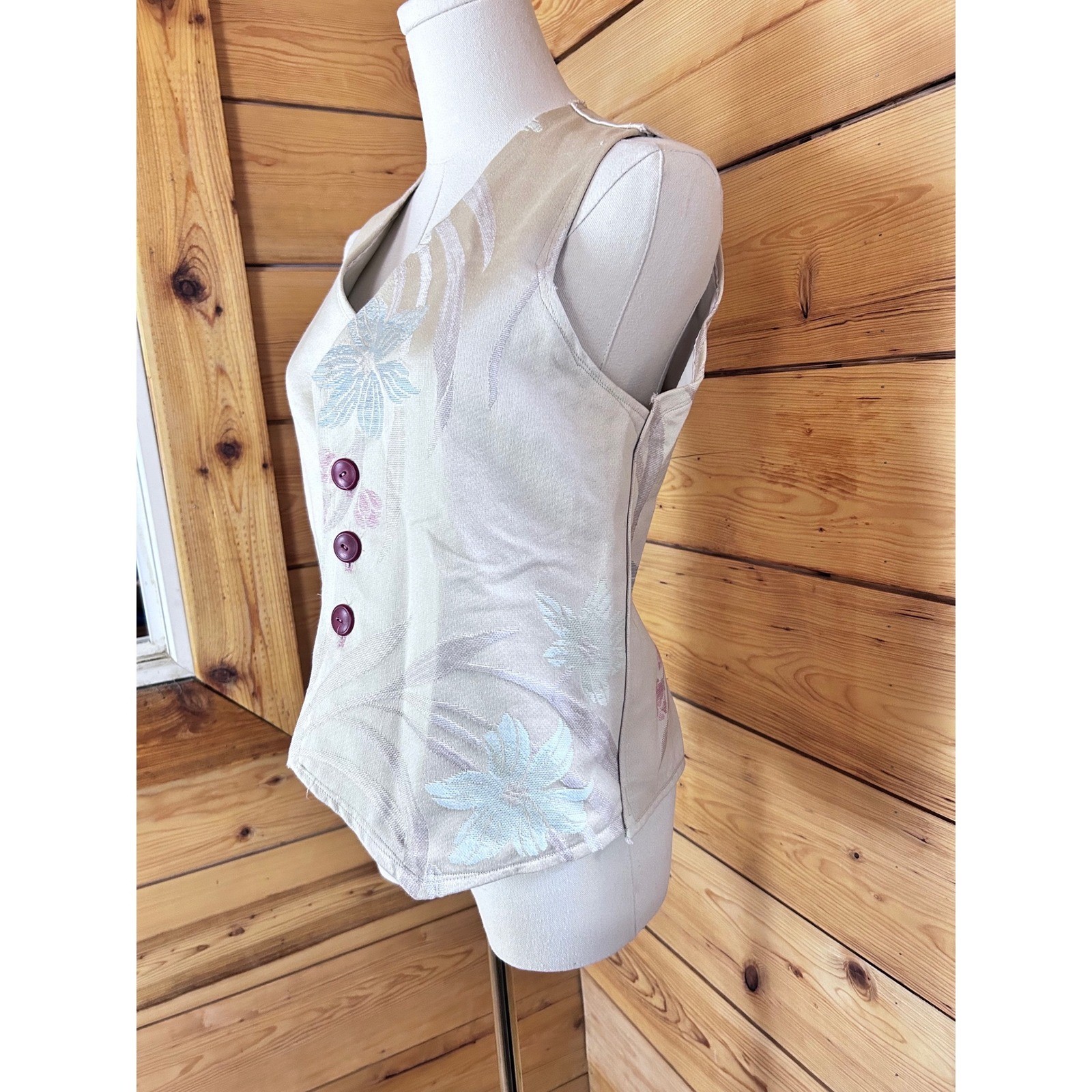 Vintage Jacquard Brocade Vest Womens Small Cream Floral Asymmetrical Handmade