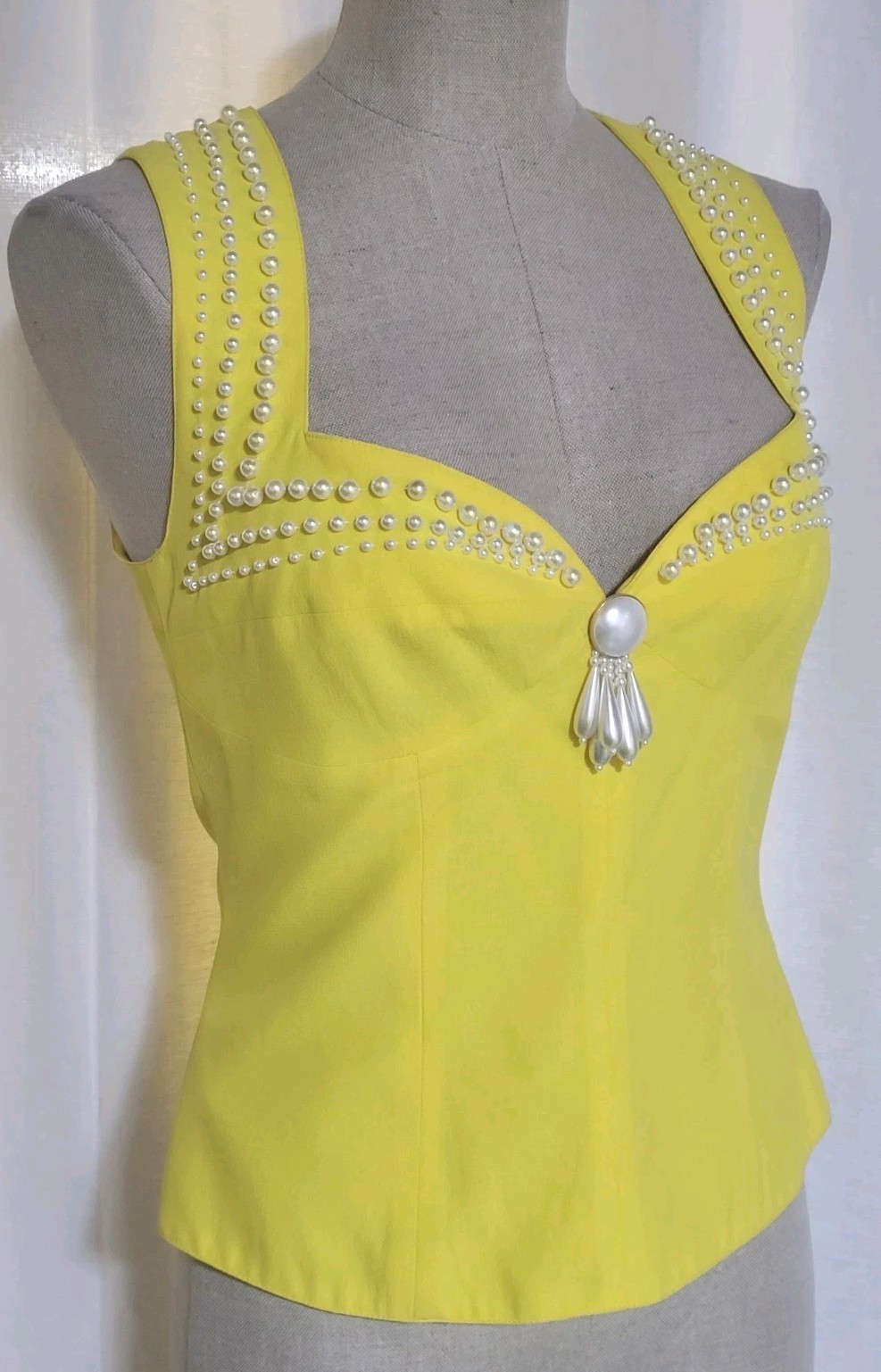 Vintage 80s 90s Byblos Yellow Bustier Style Pearls Embellished Top Italy 42 6
