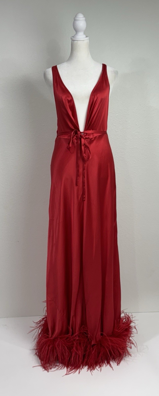 Vtg Jacalyn Bennett Fredericks Silky Red Satin Boudoir Gown Feather Trim S/M