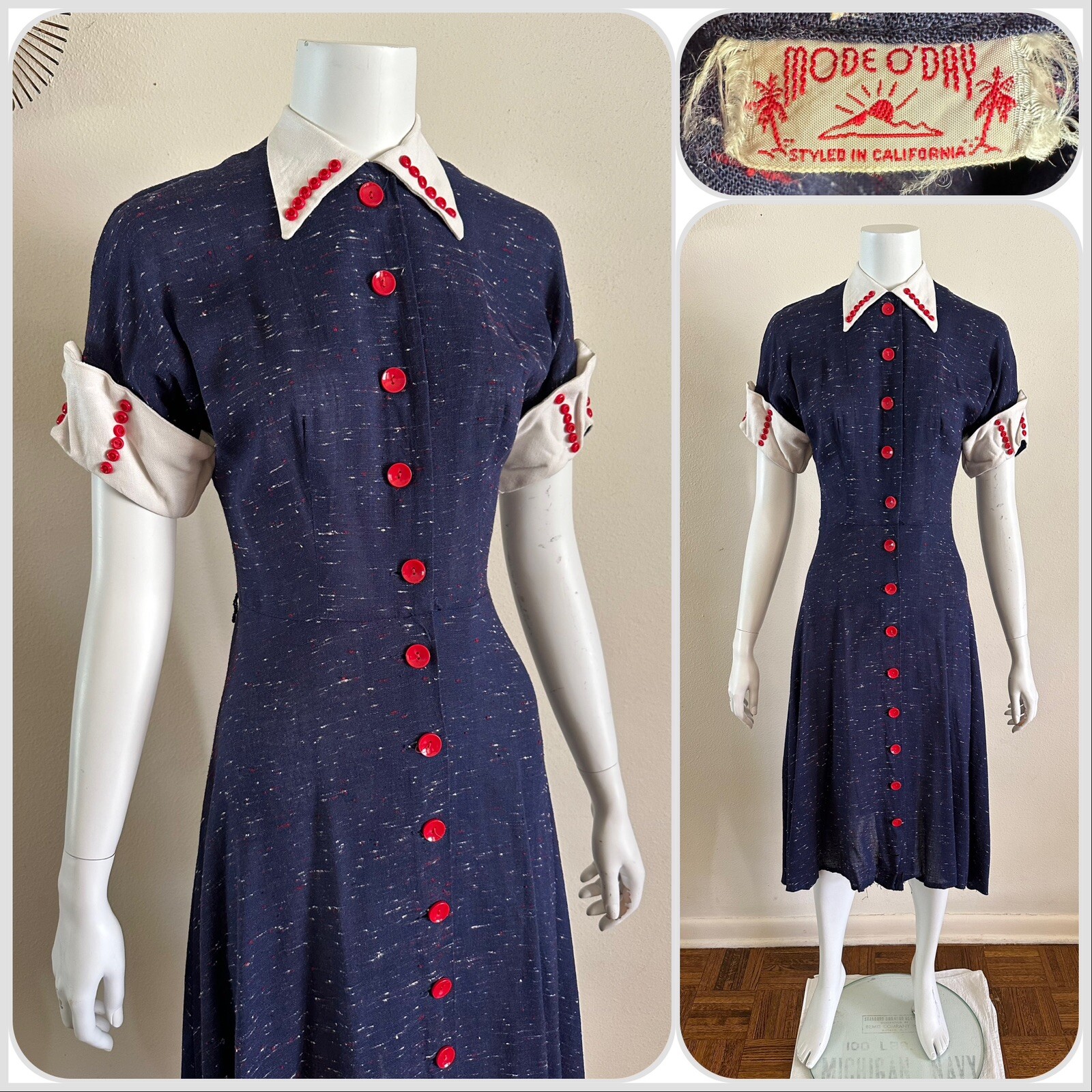 1950s Mode O Day Shirt Dress Dagger Collar Fleck Cotton Rockabilly S Vintage