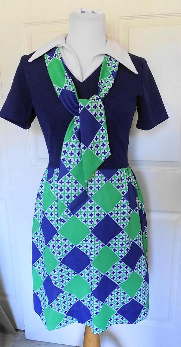 Vintage Green Blue Polyester Knit Dress Teena Paige Fashions B36 Attached Scarf