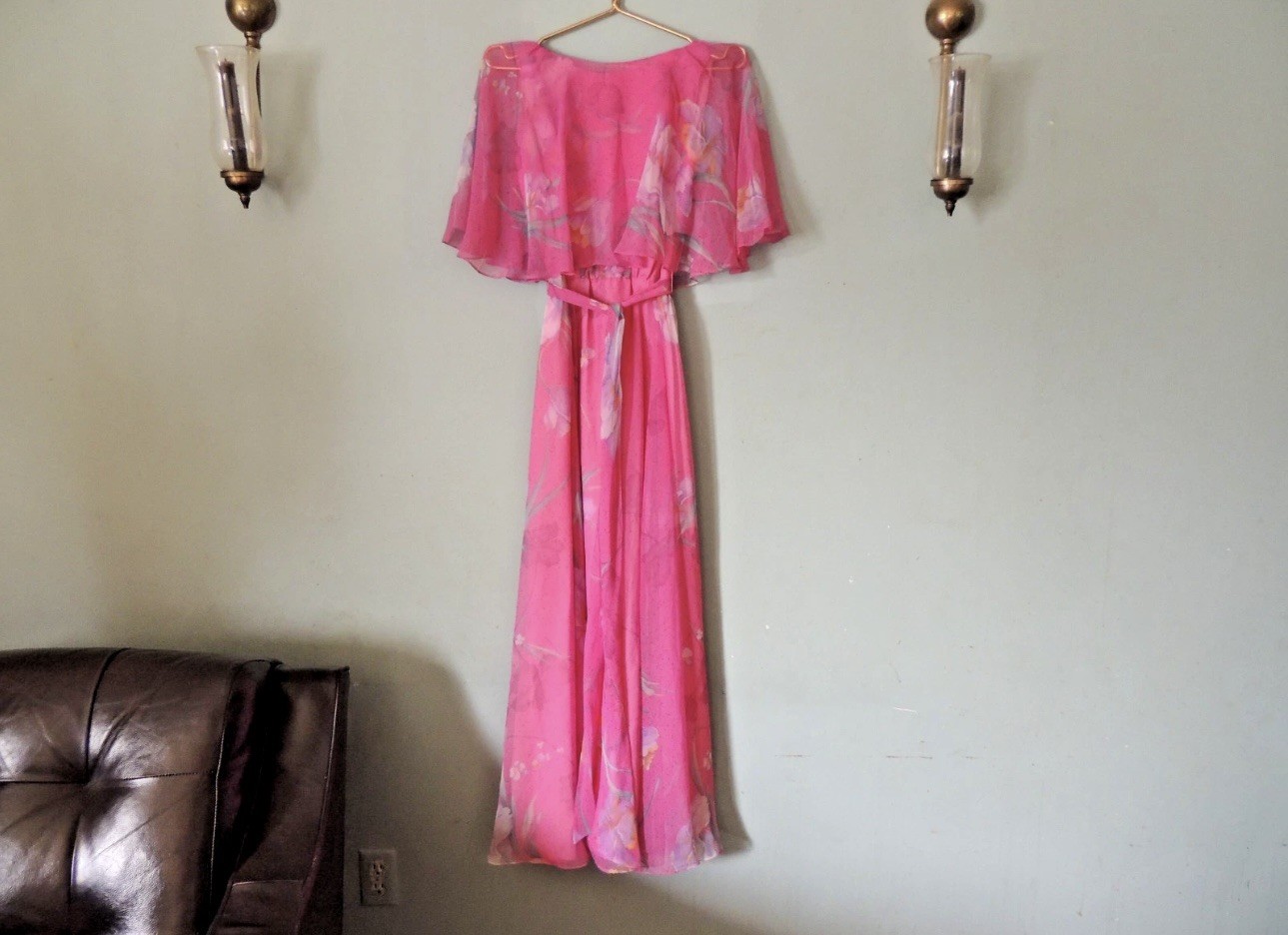 Miss Elliette California 60s Pink Chiffon Sheer Maxi Dress Cape Vintage w belt 8