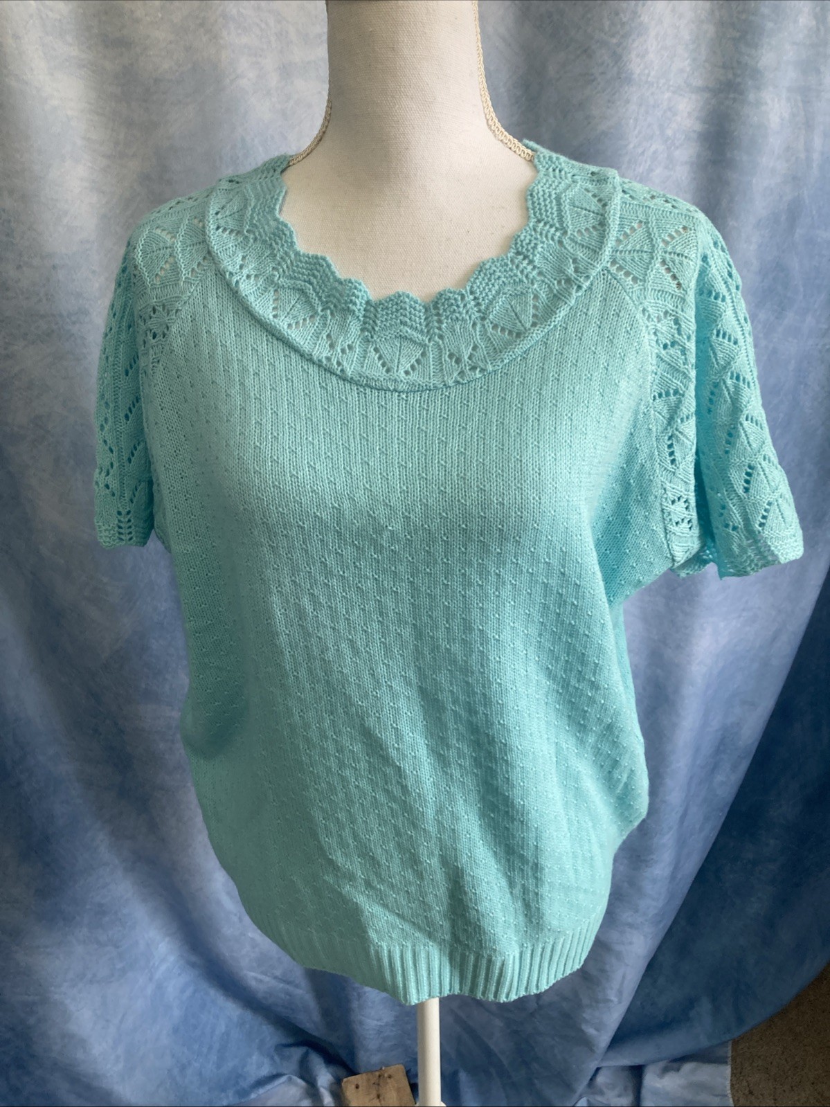 Vintage 90s Haband Sweater Womens Large Robin’s Egg Blue Scalloped Neck Lace EUC