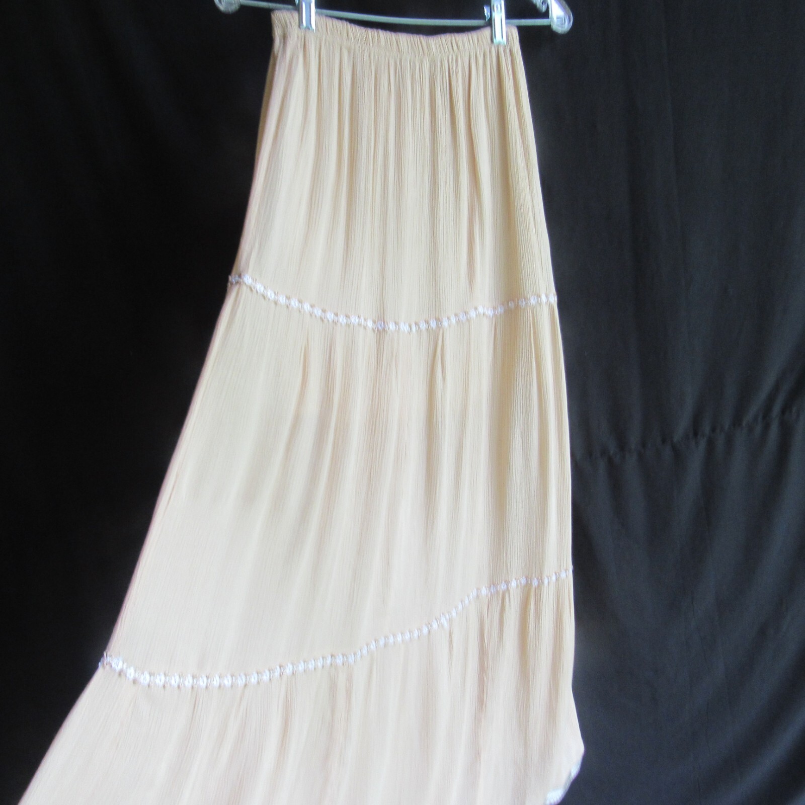 Vintage Skirt Tall Gal S XS Beige Pink Silver Trim Gauze Maxi Tier Ric Rac