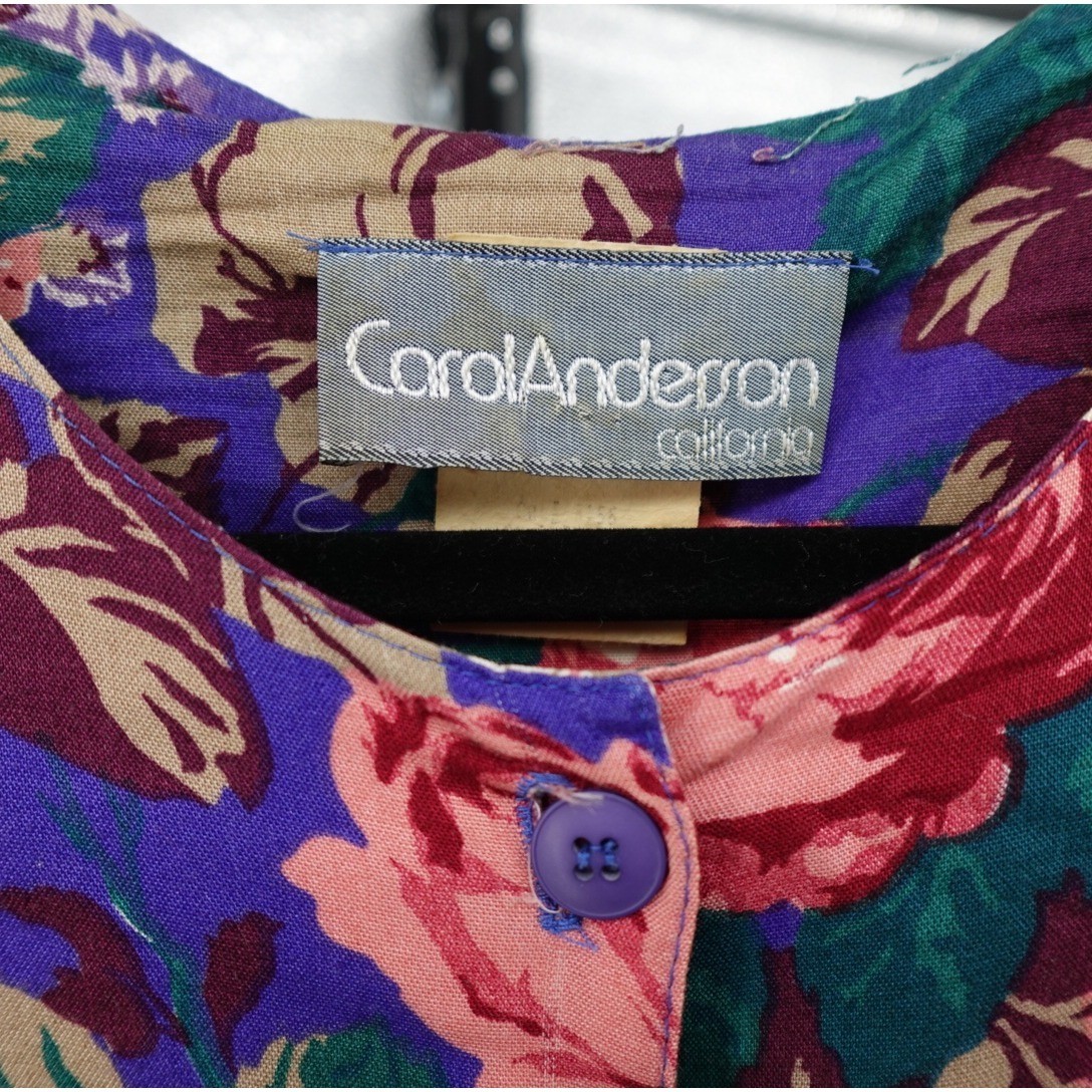 Carol Anderson Vintage Purple Floral Midi Dress Button Front Pockets 80s USA