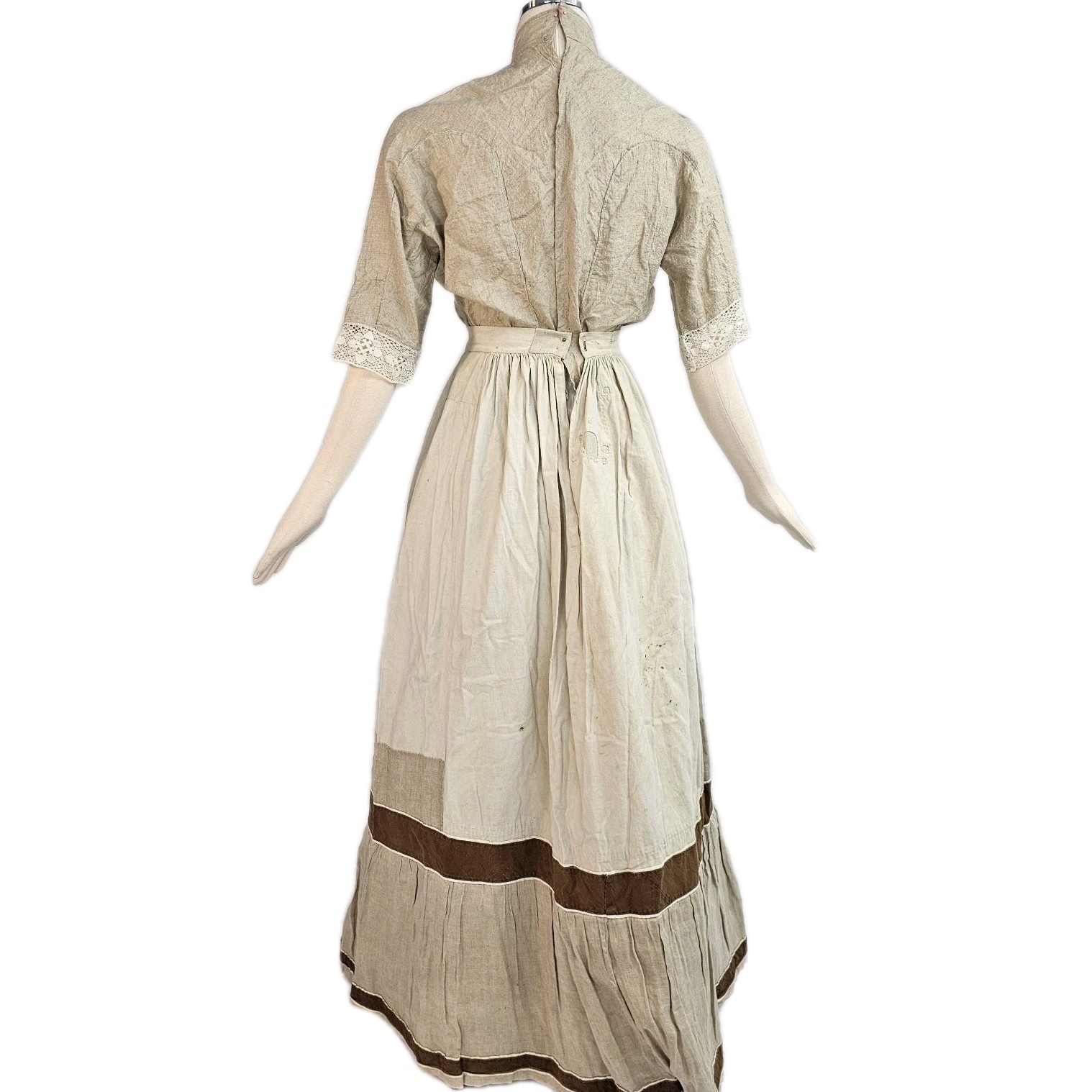 Antique Victorian Edwardian Linen Rare Prairie Dress Set Gown 1890s 1900s Lace