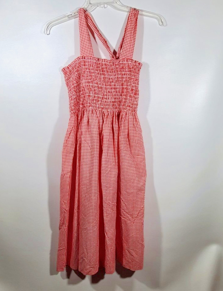 VTG 80s Red White Gingham Smocked Sundress Cottagecore Cross Back Sleeveless