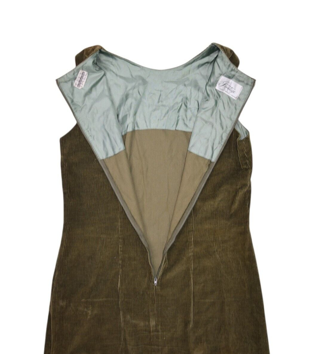 Vintage 60s Dress Womens Small Green Corduroy Prestige Mod Sleeveless Over 5 7