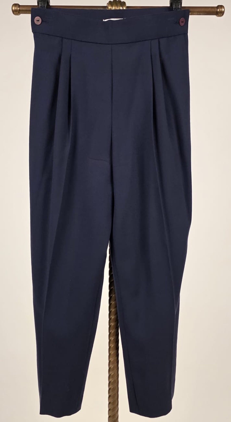 VINTAGE 1980’S DESIGNER CHLOE – PARIS WOOL PANTS W SIDE BUTTON WAIST + BOTTOM