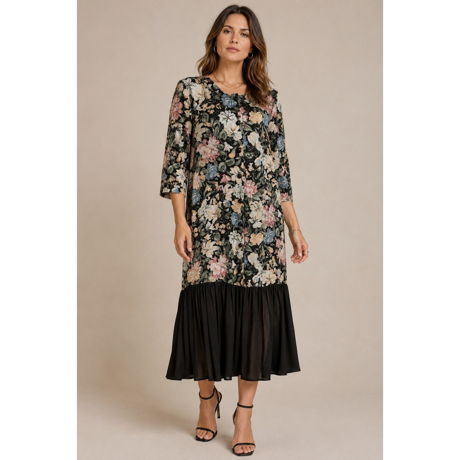 Jenny Vintage 90s Floral Midi Dress Cottagecore Grunge Secretary Black Multi 14