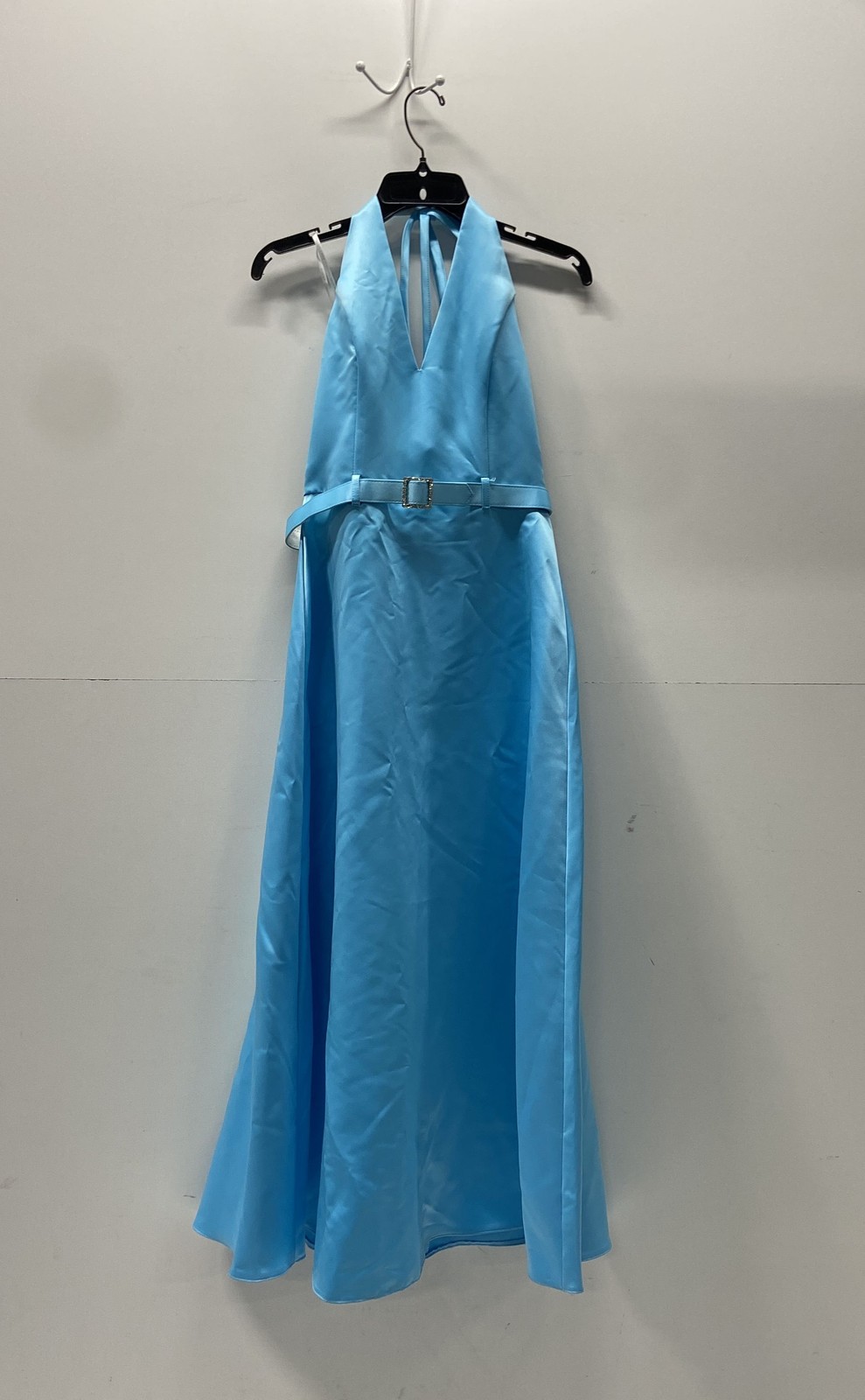 Scott McClintock Women’s Blue Satin Halter Evening Gown Rhinestone Buckle Y2K 8