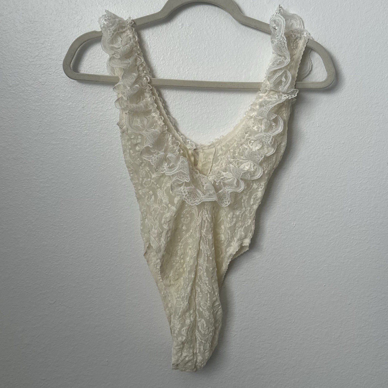 VTG Emil Bole Off White Ruffle Lace Lingerie Bodysuit Sz S Coquette Bridal
