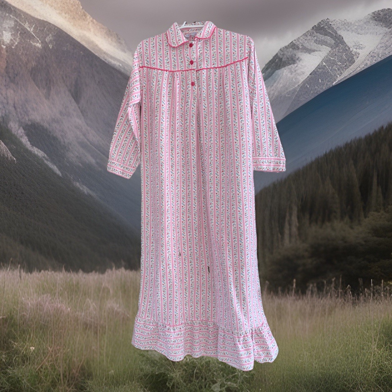Vintage Granny Floral Flannel Nightgown 20th Century Wear Inc 100% Cotton Sz Med