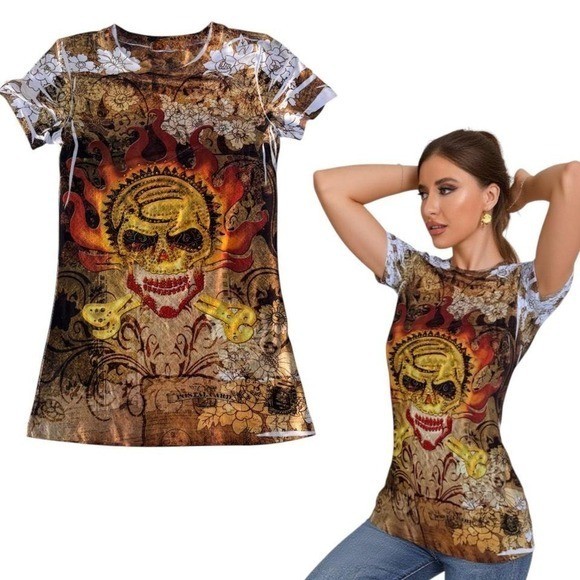 Y2K grunge punk style skull rhinestone skull graphic tattoo top small euc