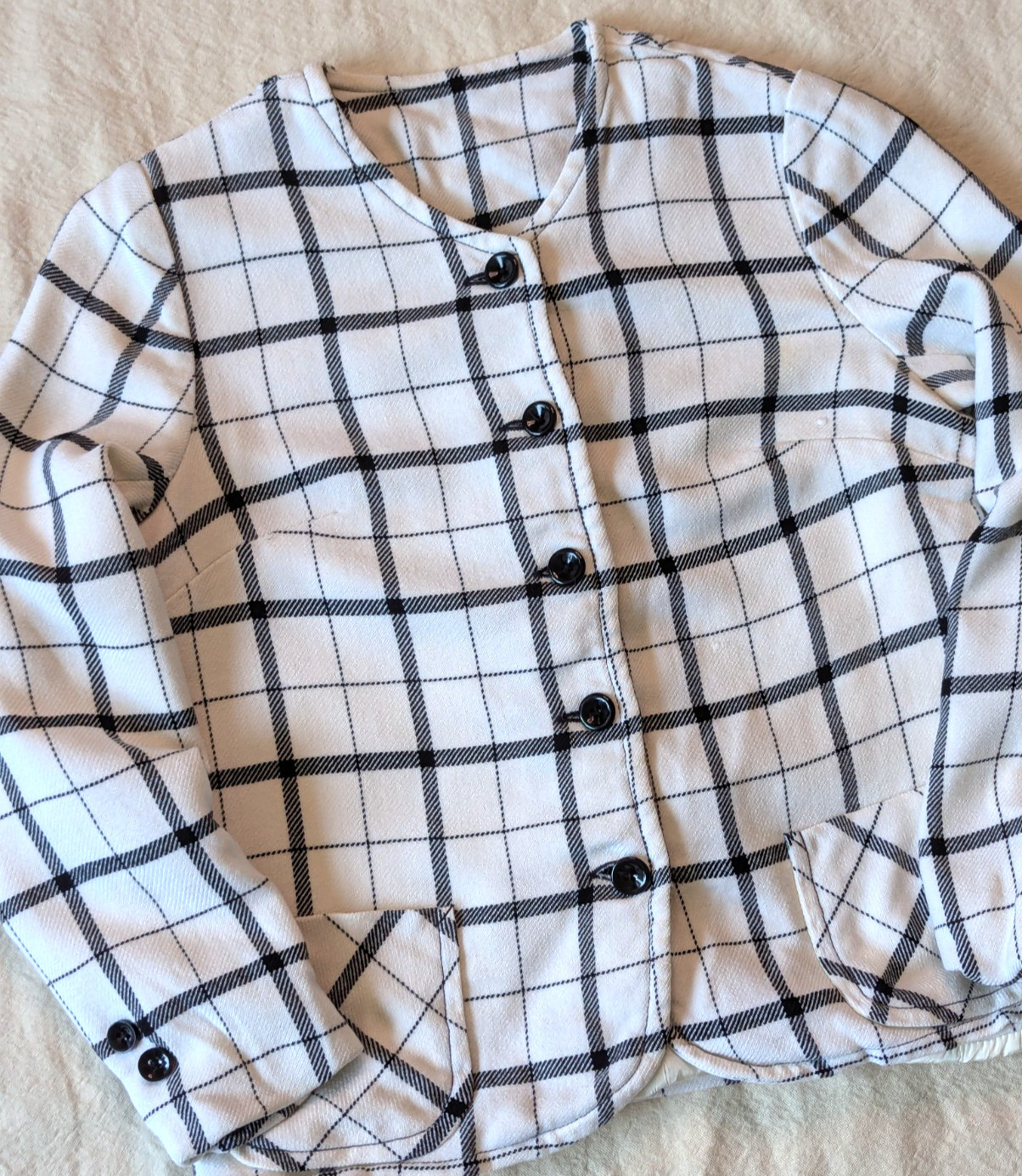 Junior House Vintage 50s 60s Petite Collarless Lined Ivory Check Blazer XS