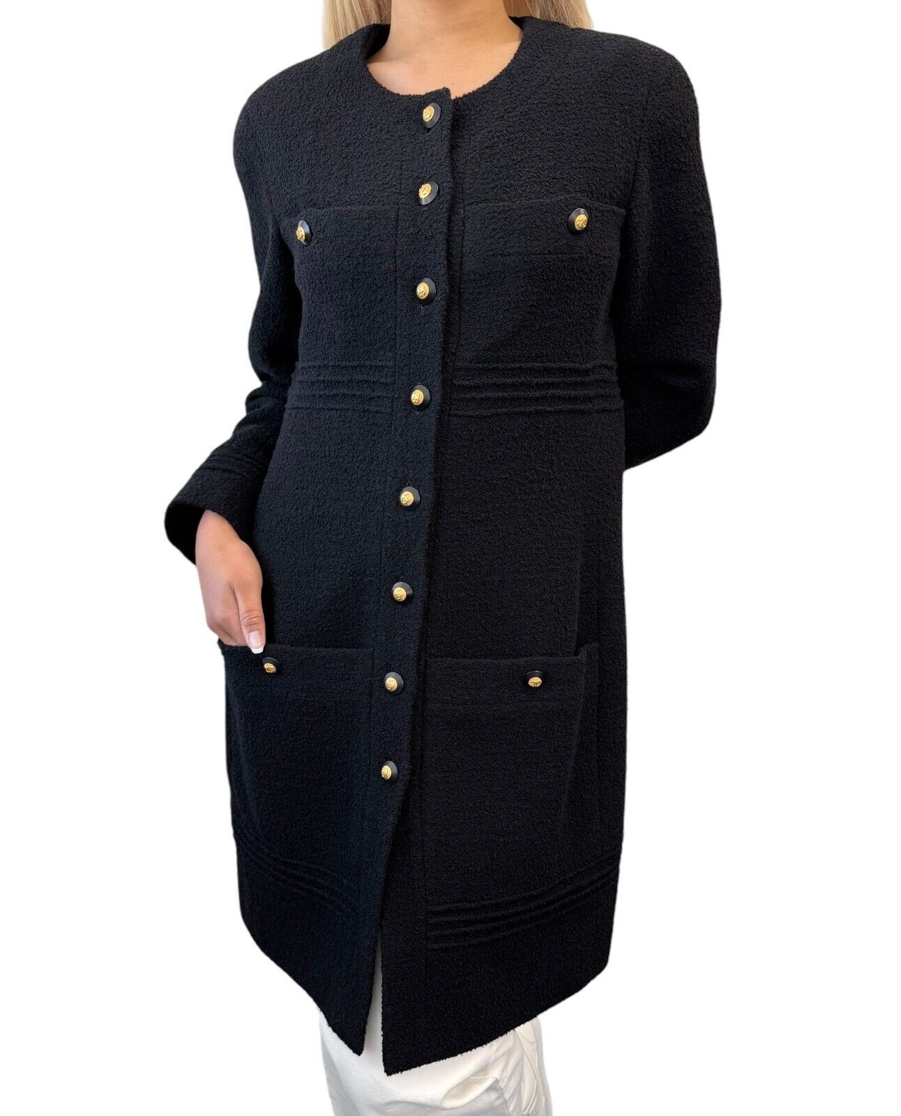CHANEL Vintage CC Logo Long Tweed Jacket #M Coat Black Gold Wool Silk 105043