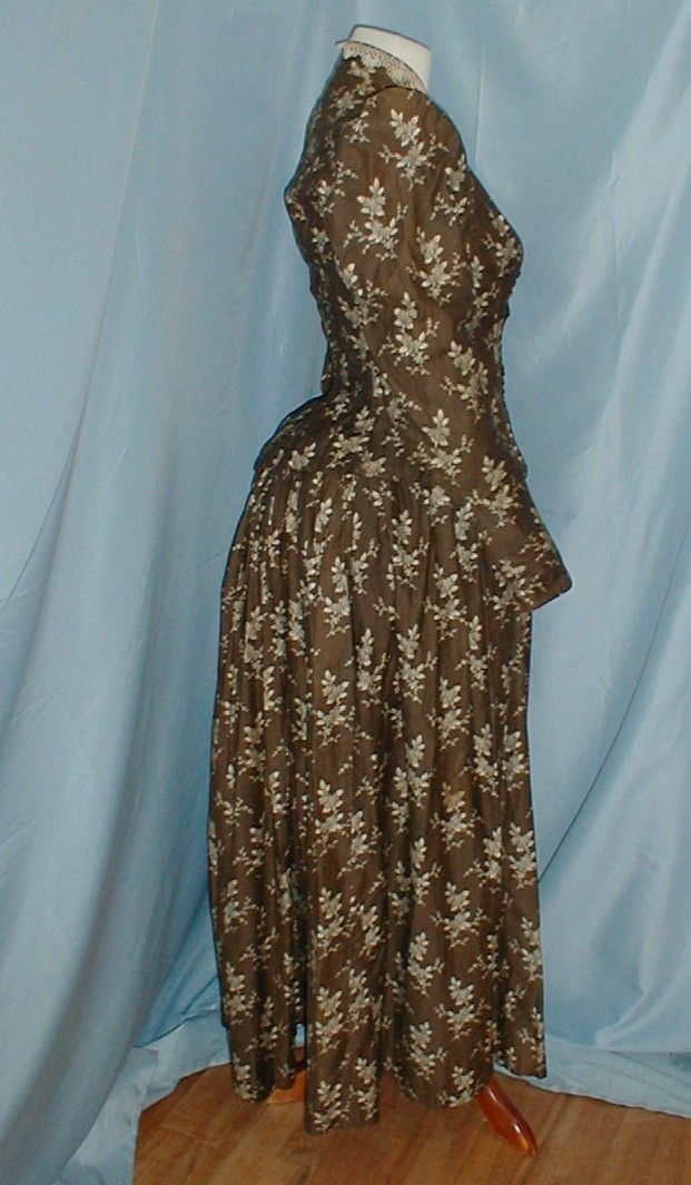 Charming Antique Dress Victorian 1880 Bustle Back Brown Cotton Print