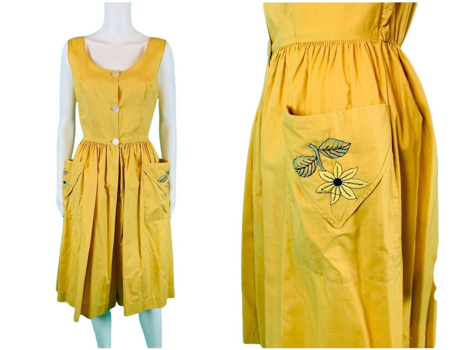 Vintage 1940s Yellow Cotton Cropped Jumpsuit Embroidered Pocket W 23-25″