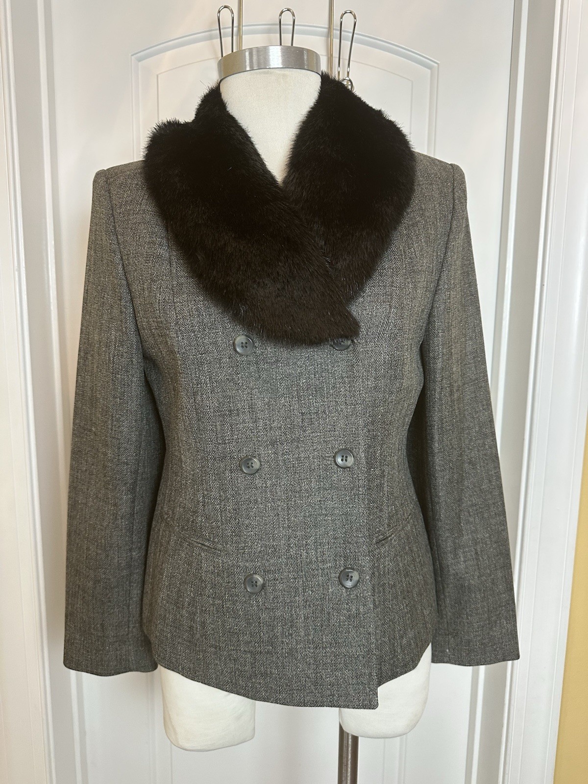 Vntg Amanda Smith Black Double Breasted Blazer Faux Fur Detachable Collar•Sz 8P