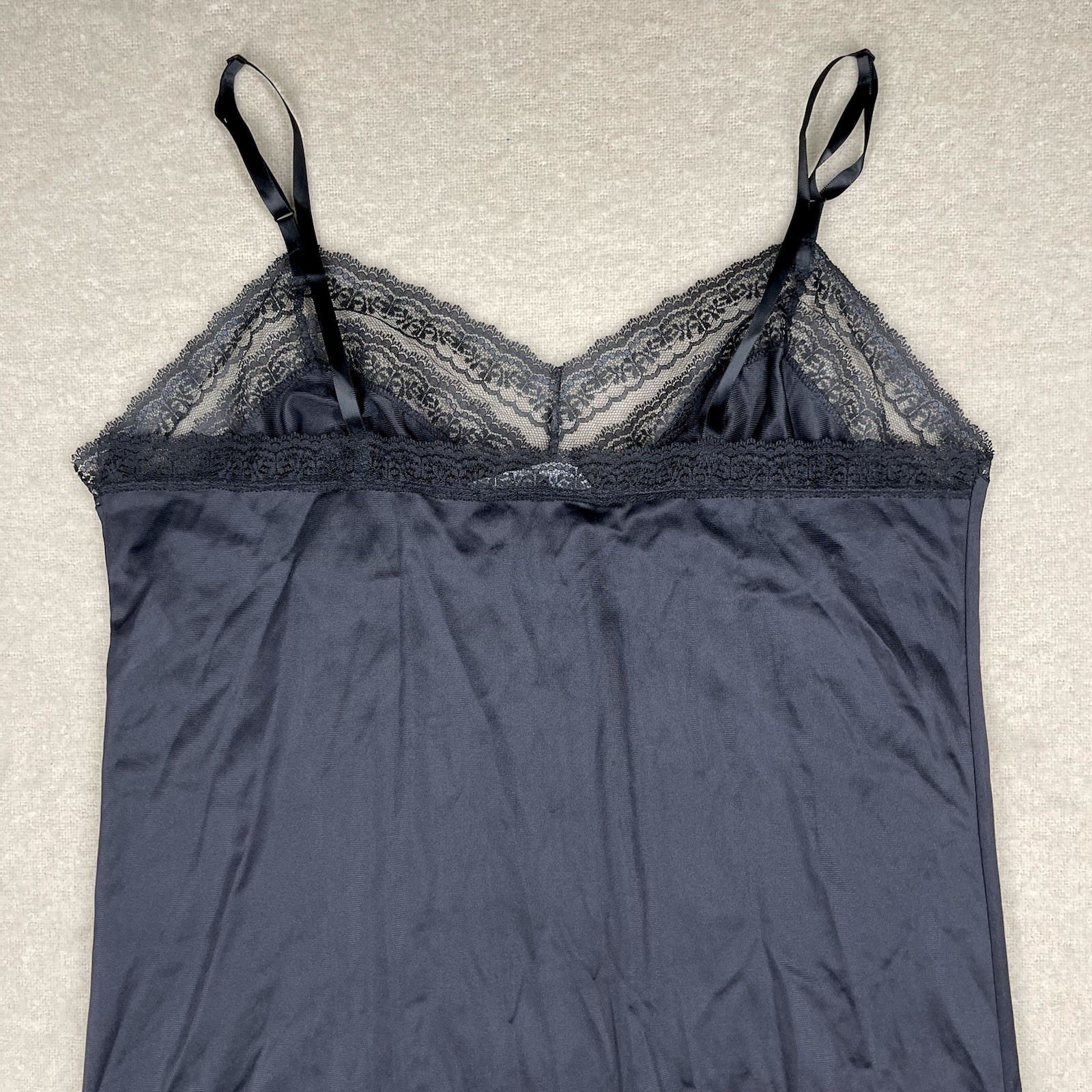 Blair Black Satin Lace Full Slip Boudoir Chemise Pin-up Witchy Lingerie 80s Lrg