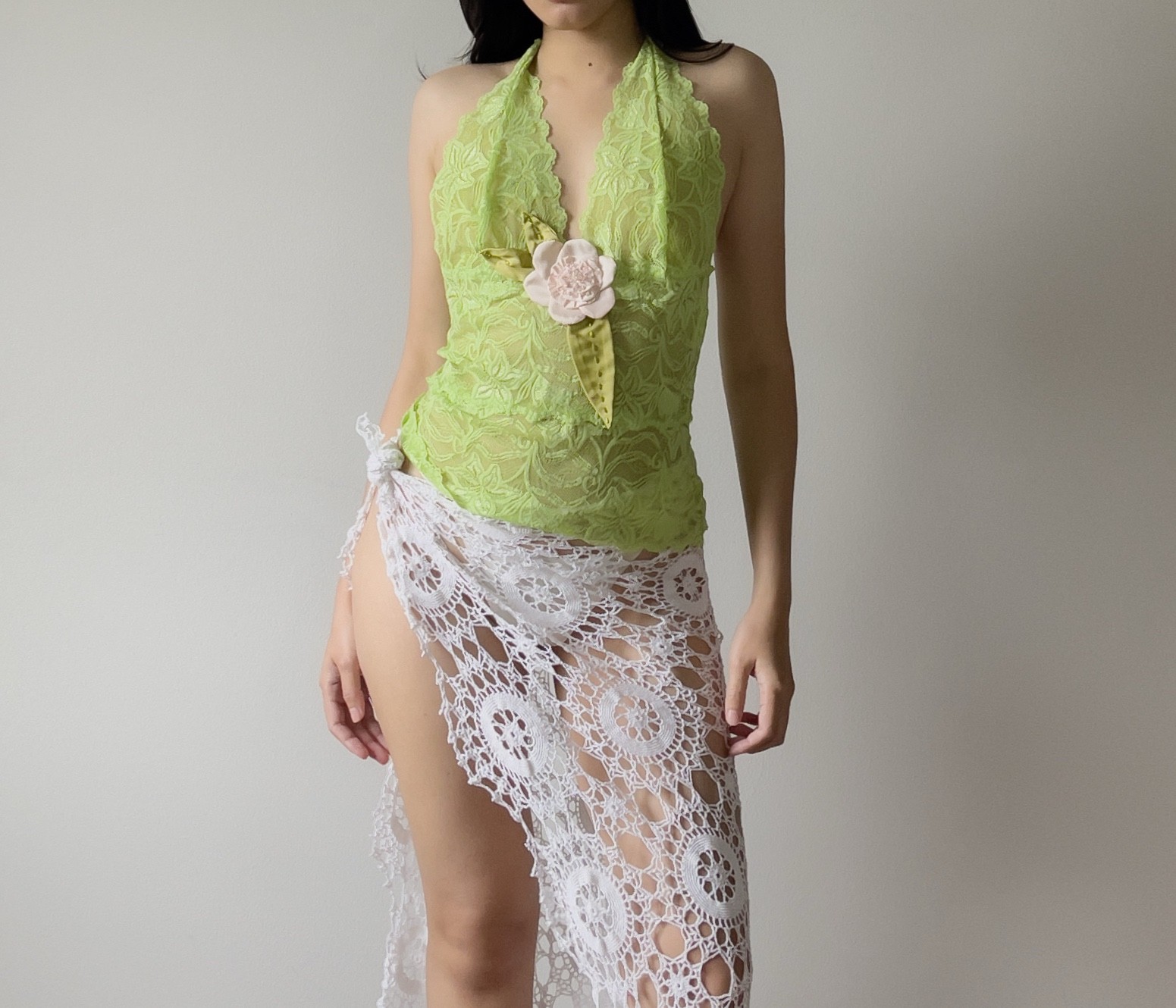 Romantic Frederick’s of Hollywood Y2K Lime Green Lace Sheer Halter Camisole (M)