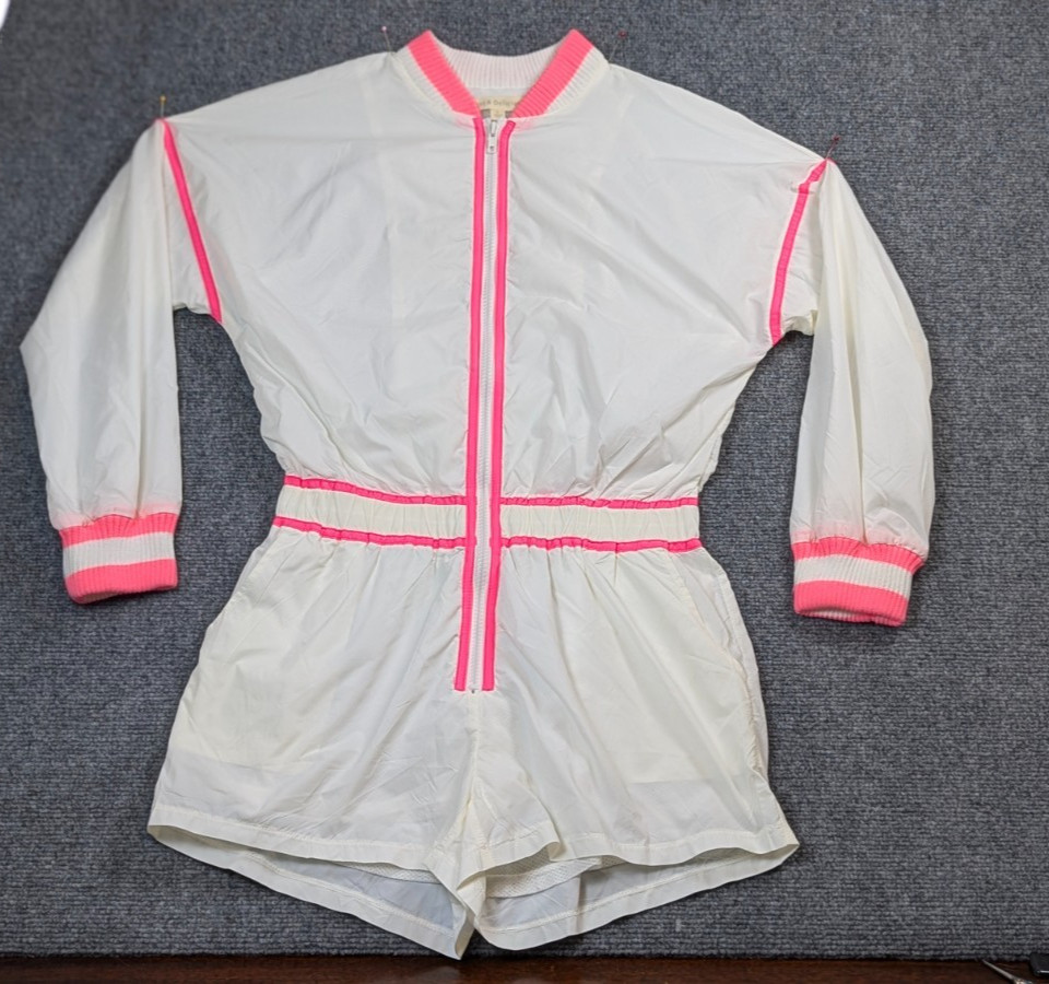 Hot & Delicious Womens Romper Jumpsuit L White Neon Pink Retro 80s Style Nylon
