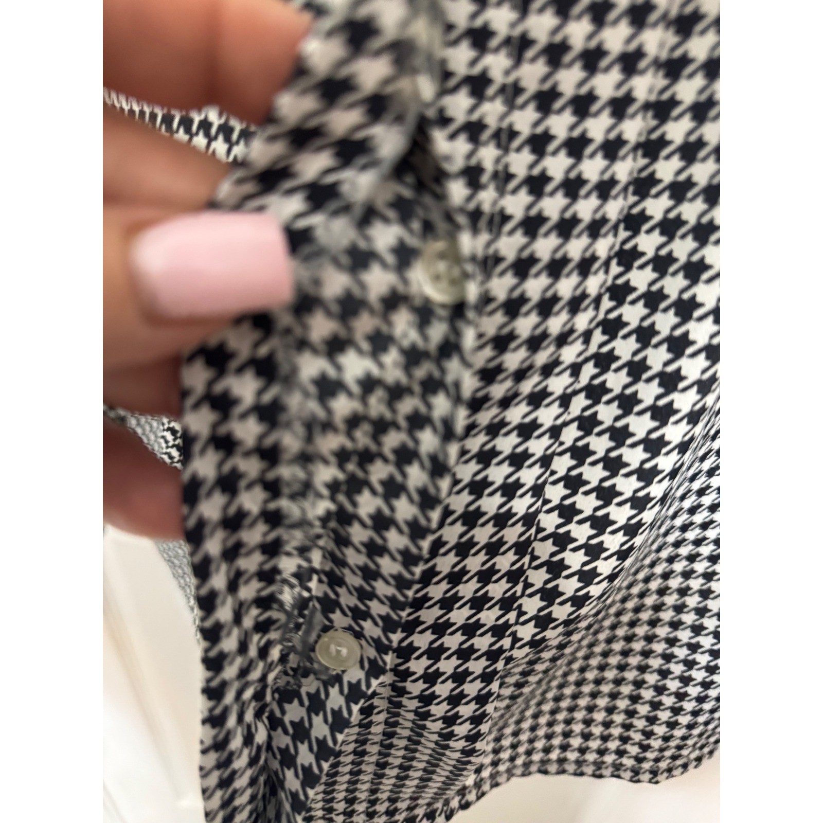Vintage Jordan Houndstooth Button Up Blouse Black White Satin Trim Size 3/4